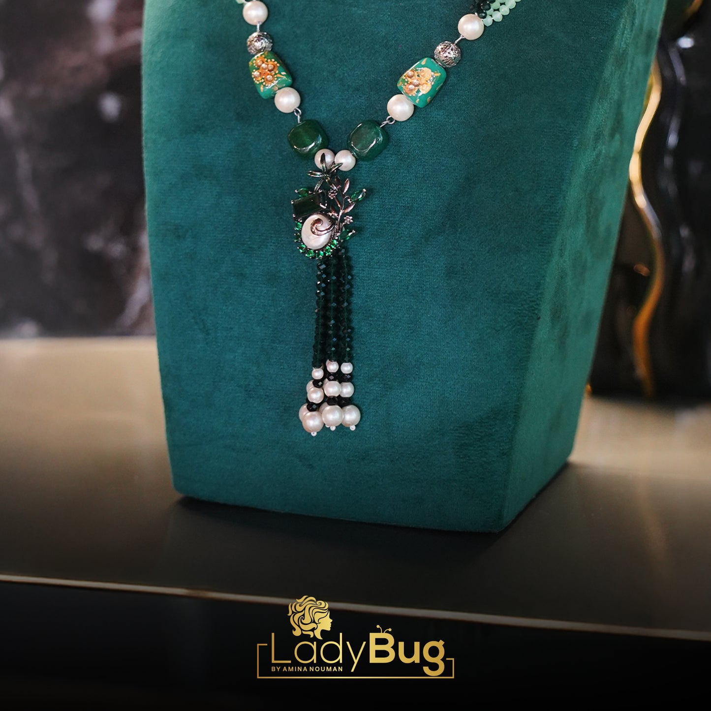 Emerald and Mint Colour Mala with Mother Pearls – Mala Necklace by Ladybug (Photo 6)