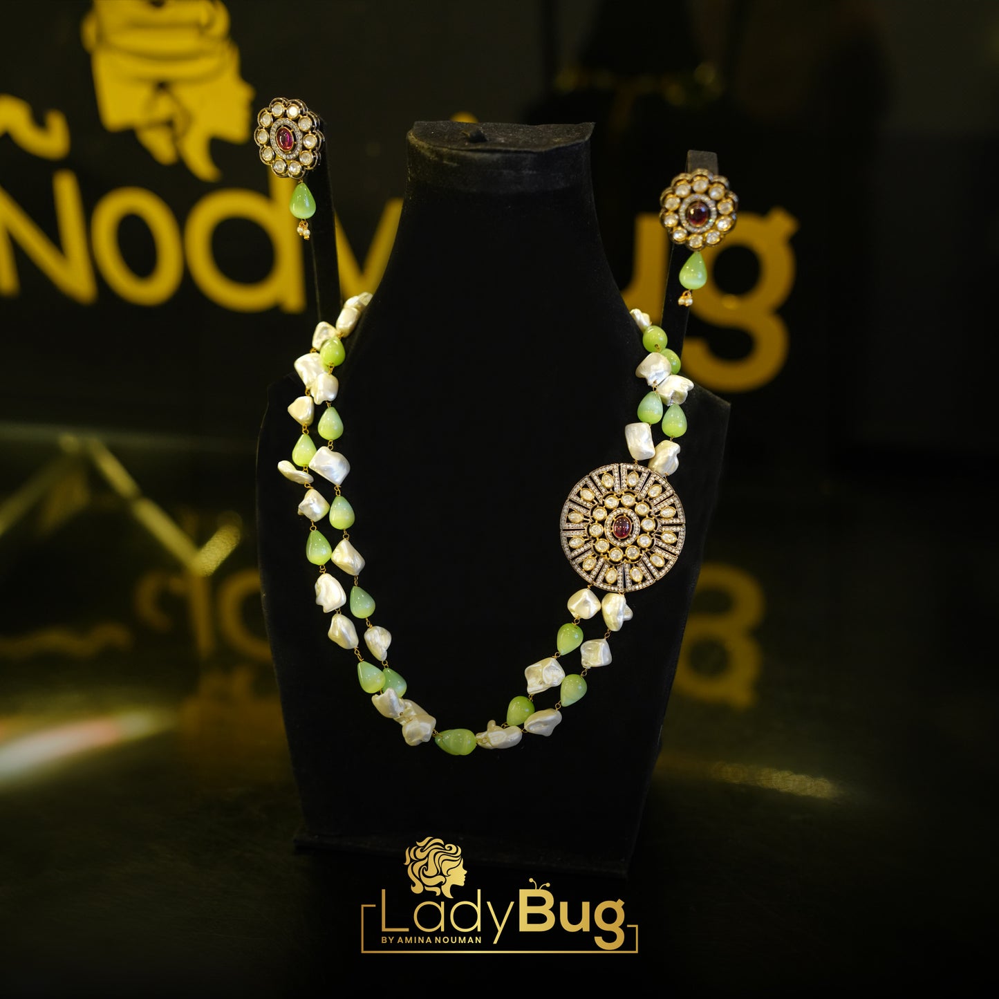 Tayani Kundan Morther Pearls Double Layers Mala with earrings in Mint color