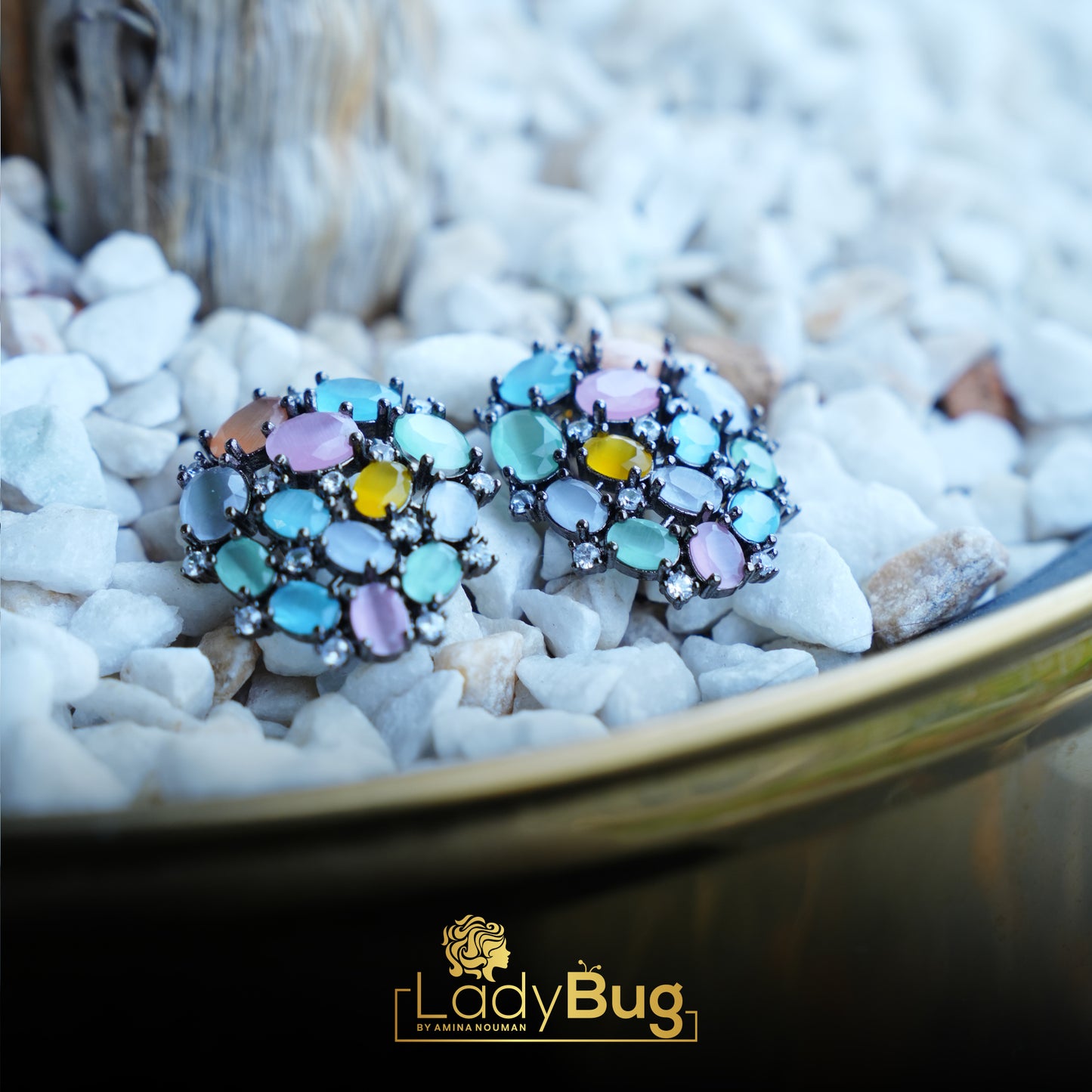 Matte polish studs with multi-stones