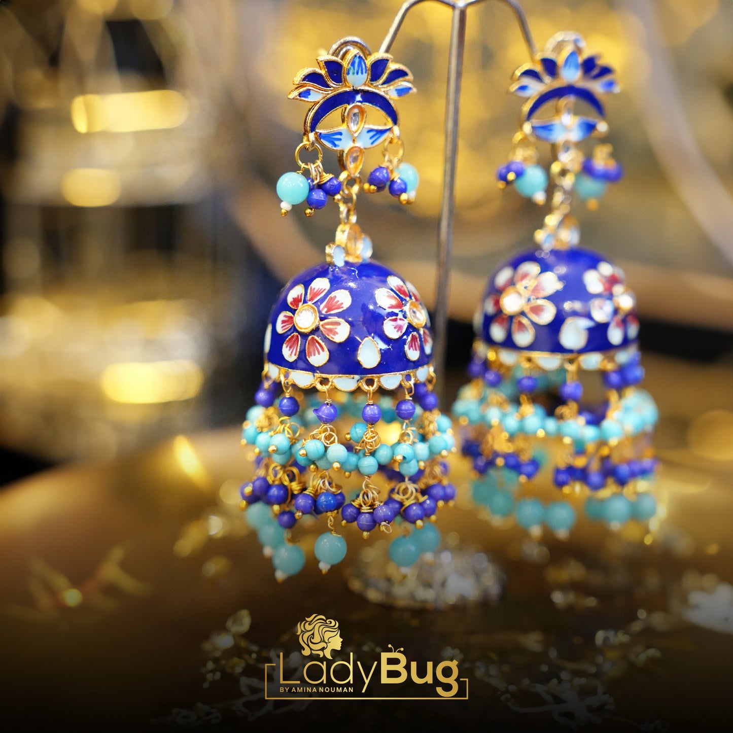 Kundan Jhumka with Meena in blue color