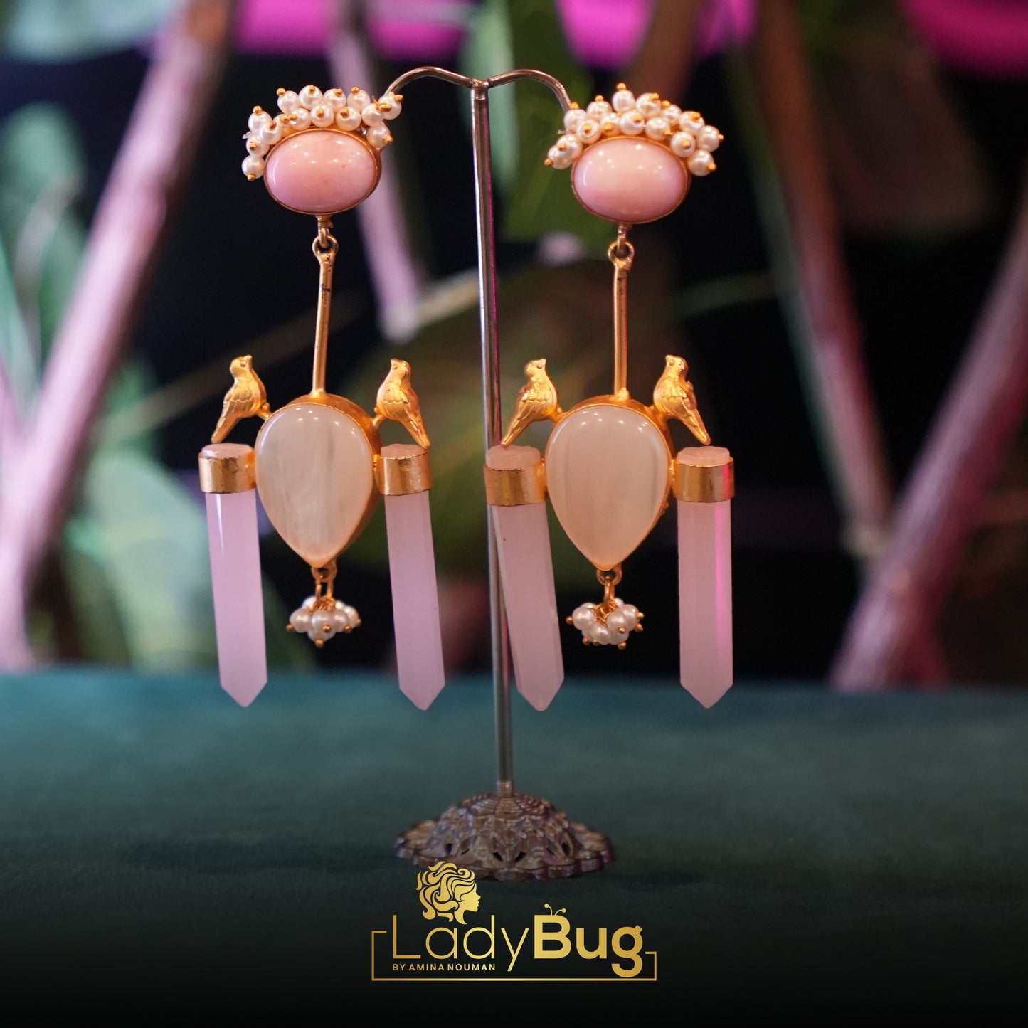 Mother Pearls Gajra Earrings with Stone and Powder Pink Color