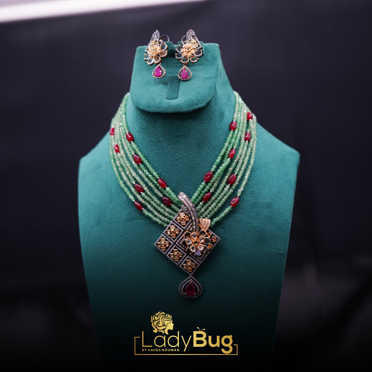 Sheesha Kundan Set with Mint & Ruby Stones – Jewelry Set by Ladybug (Photo 2)