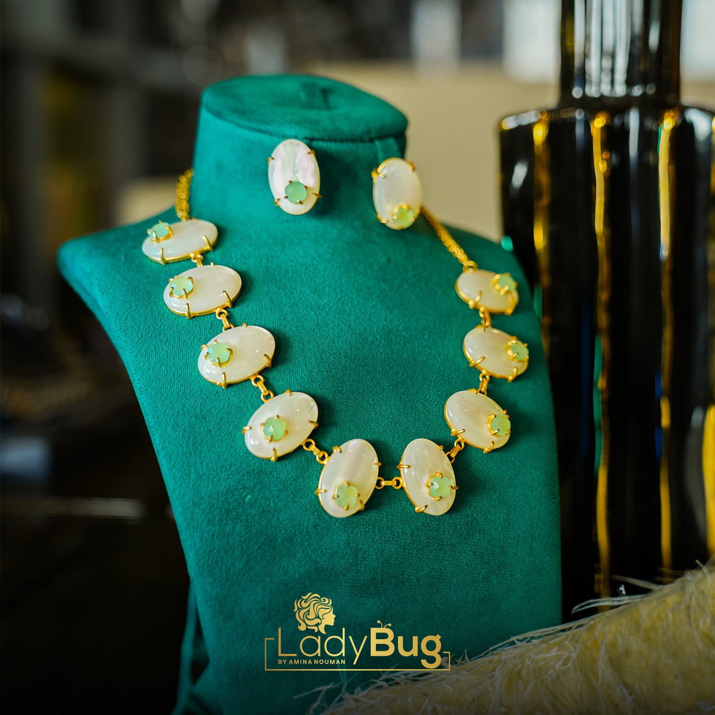 Mother pearls necklace and studs, 3 in 1 white and mint color