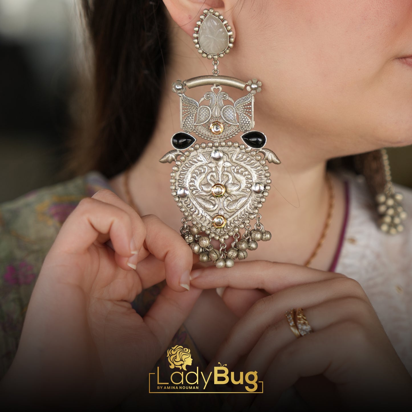 German Silver Earrings, Black and Grey Stone