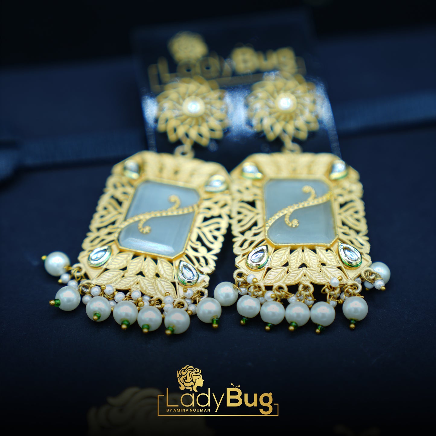 White and lemon yellow Stone Gujra Earrings with Matte polish