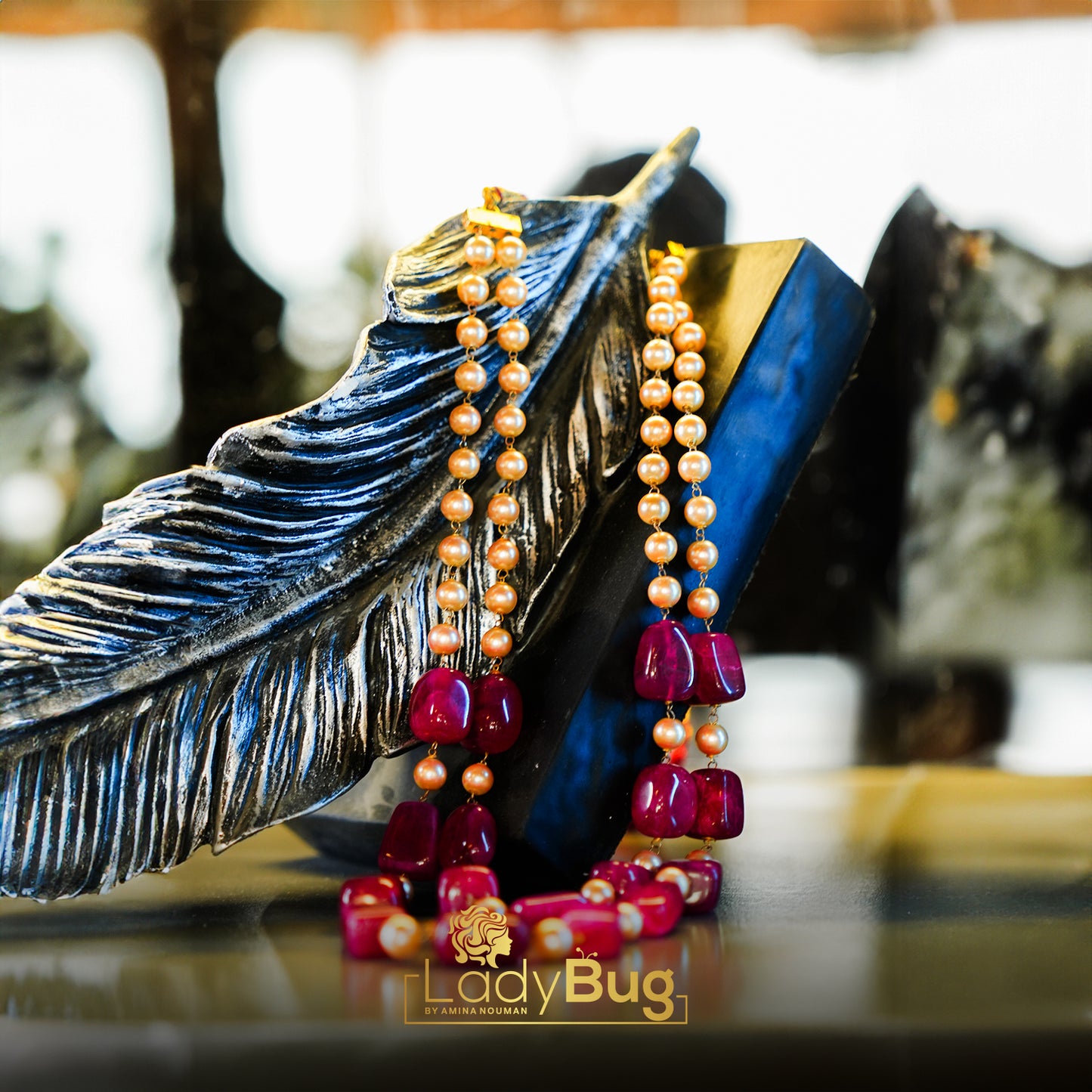 Ruby Mala with pearls, double layers – Mala Necklace by Ladybug (Photo 2)