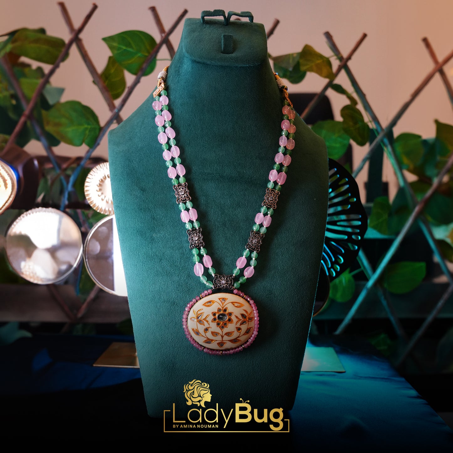 Sheesha Kundan Mala with Meenakari back, powder pink and mint color