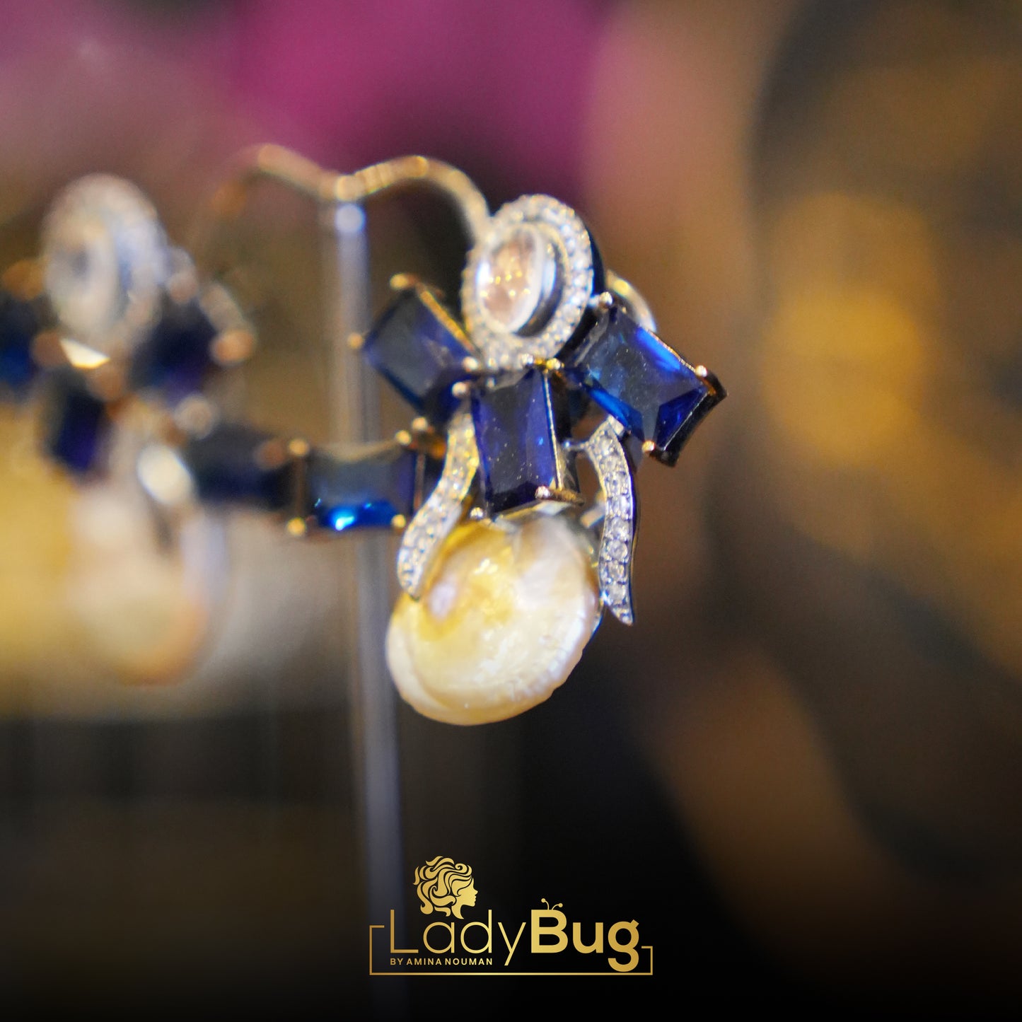 Mother pearl studs with sapphire stone Victorian polish