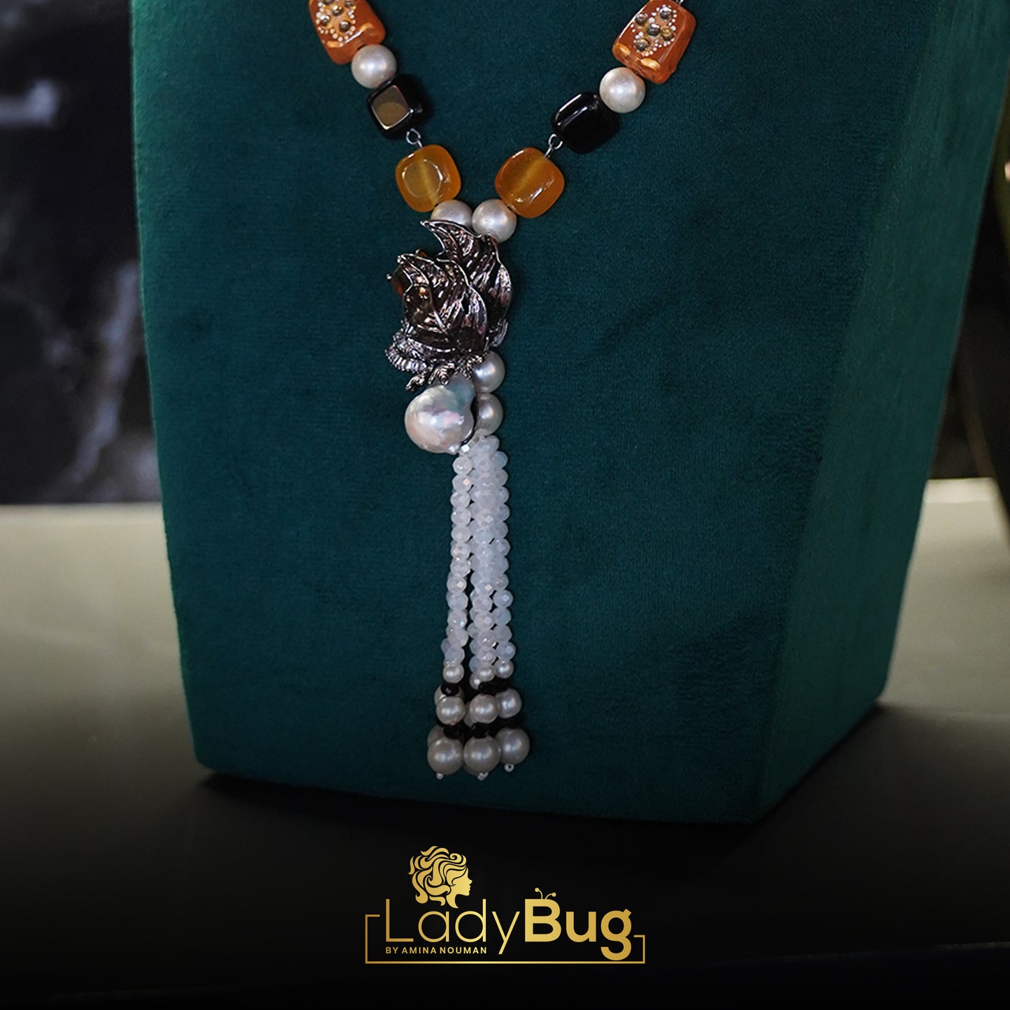 White Stone Long Mala with Lemon Yellow Colour