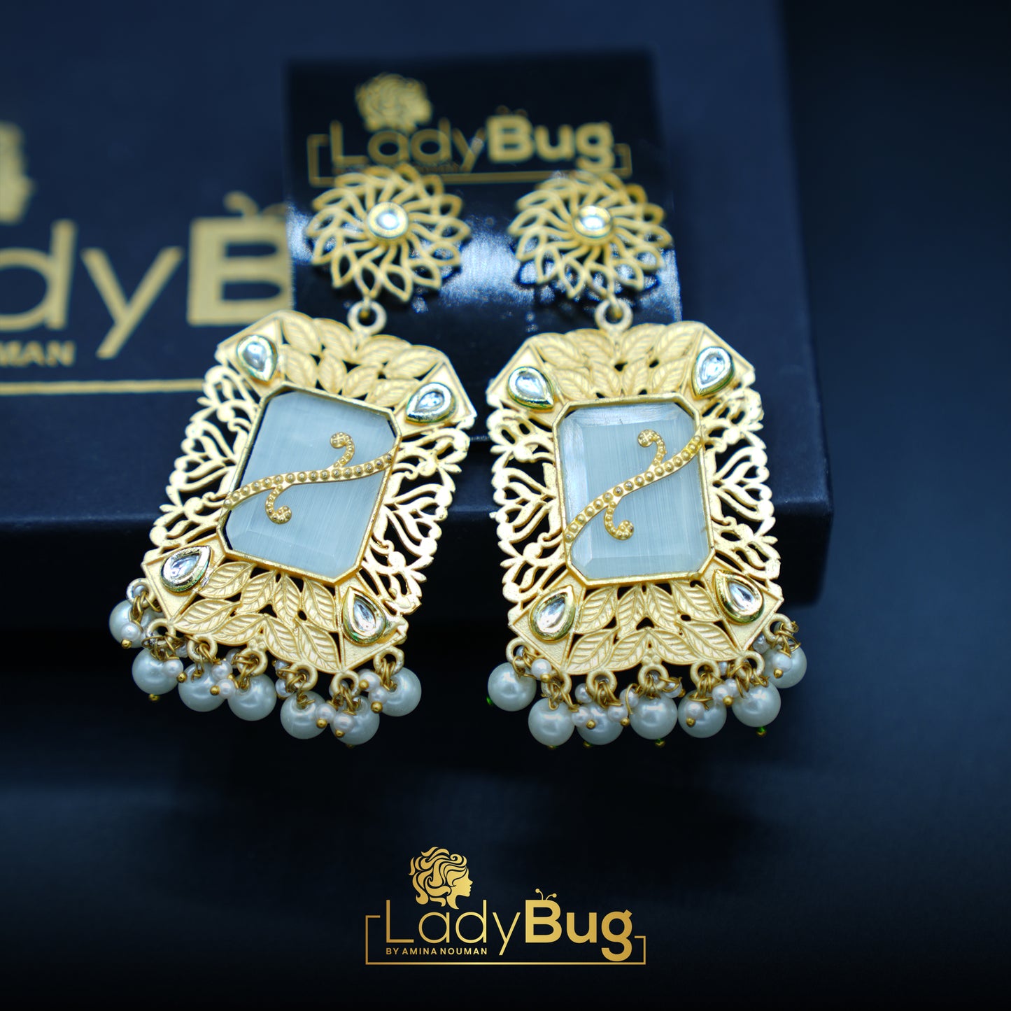 White and lemon yellow Stone Gujra Earrings with Matte polish