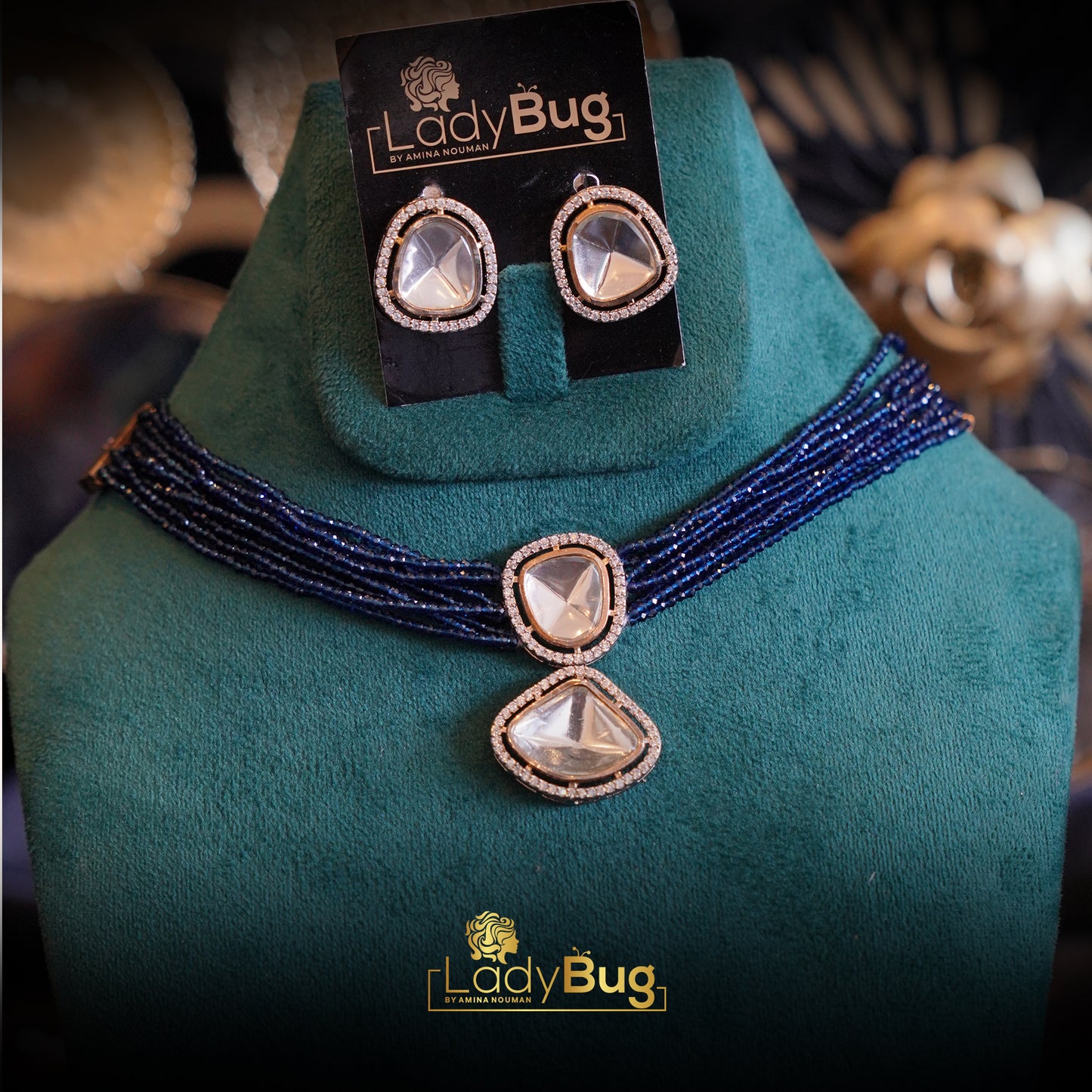 Uncut Kundan Set with Grey Beads