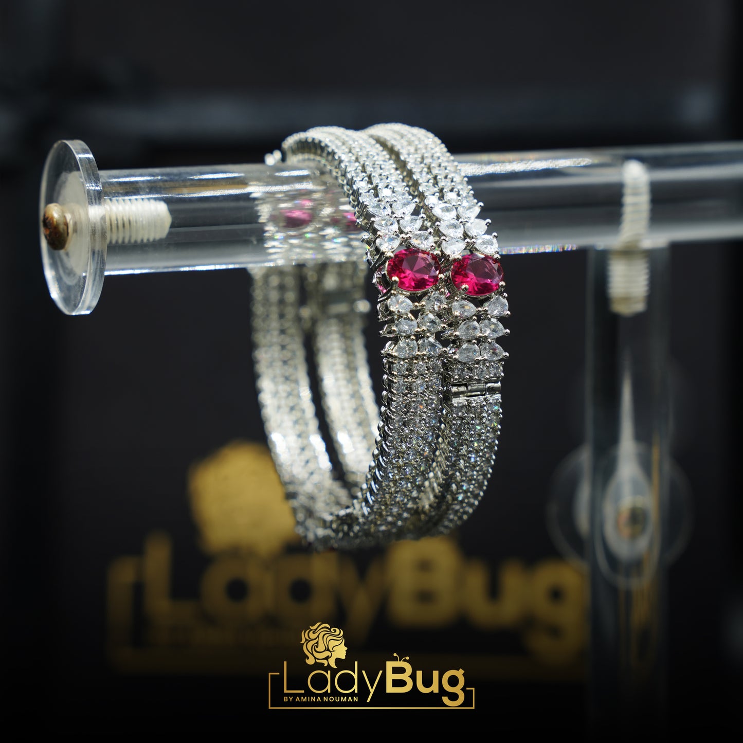 Openable Rhodium bangles with Ruby color (LB-182)