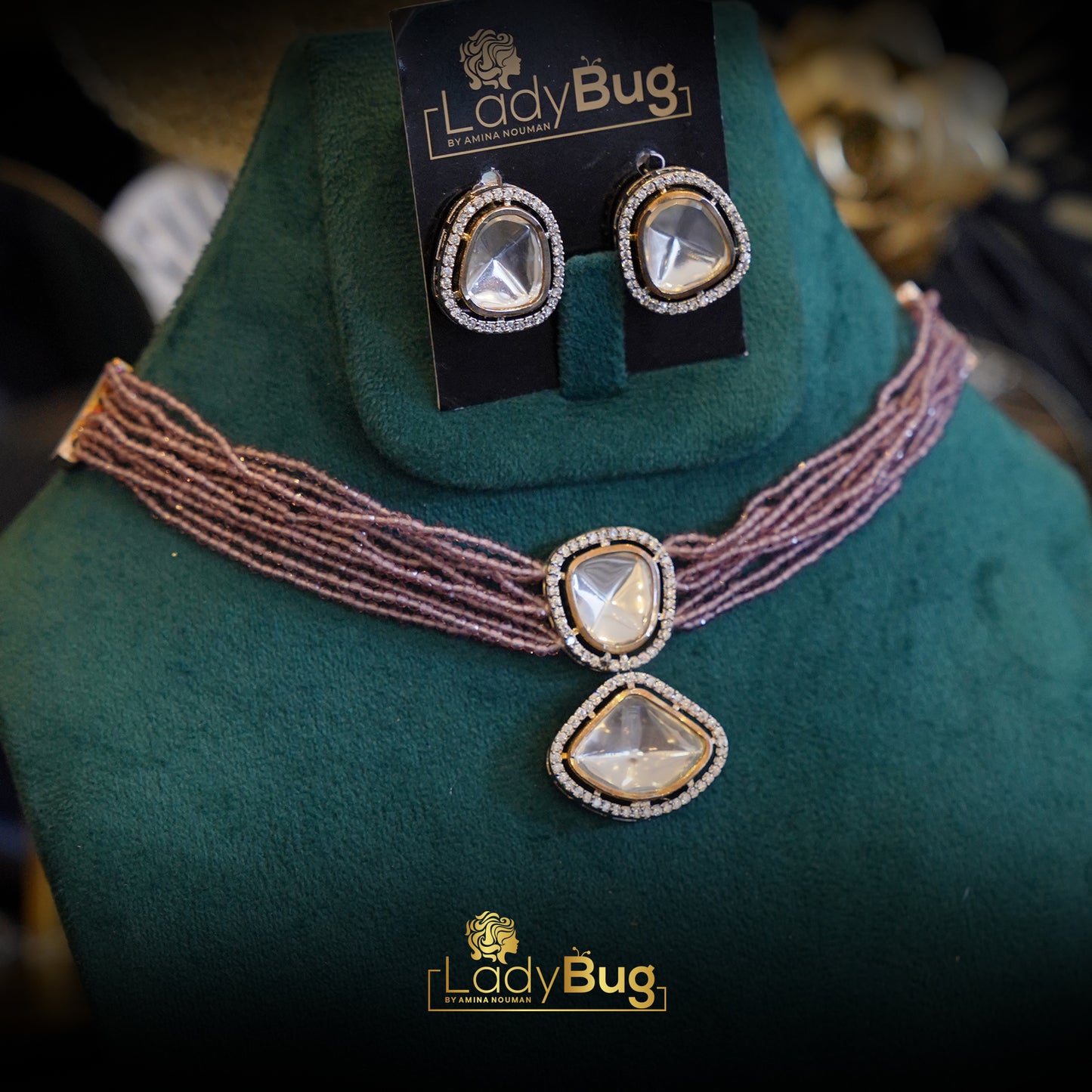 Uncut Kundan Set with Grey Beads