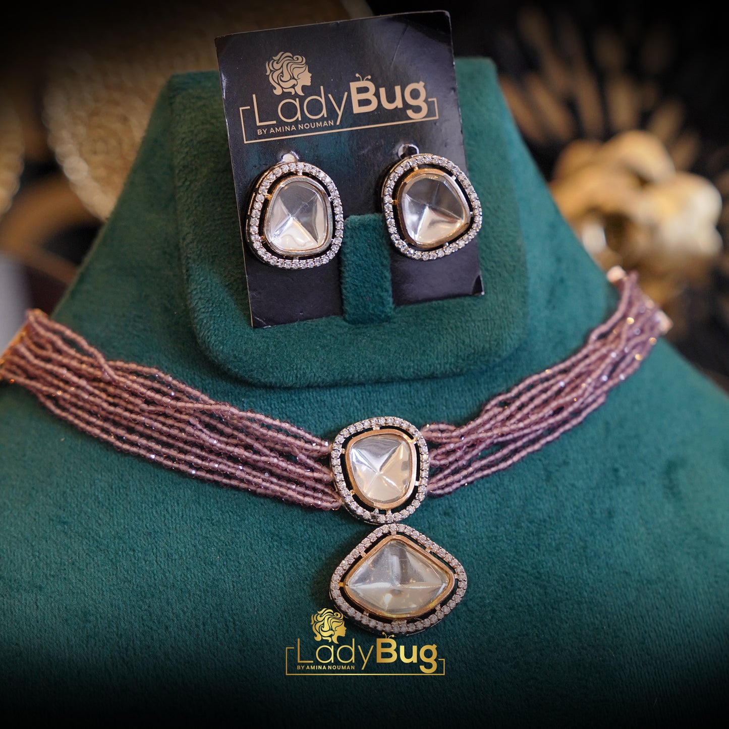 Uncut Kundan Set with Grey Beads