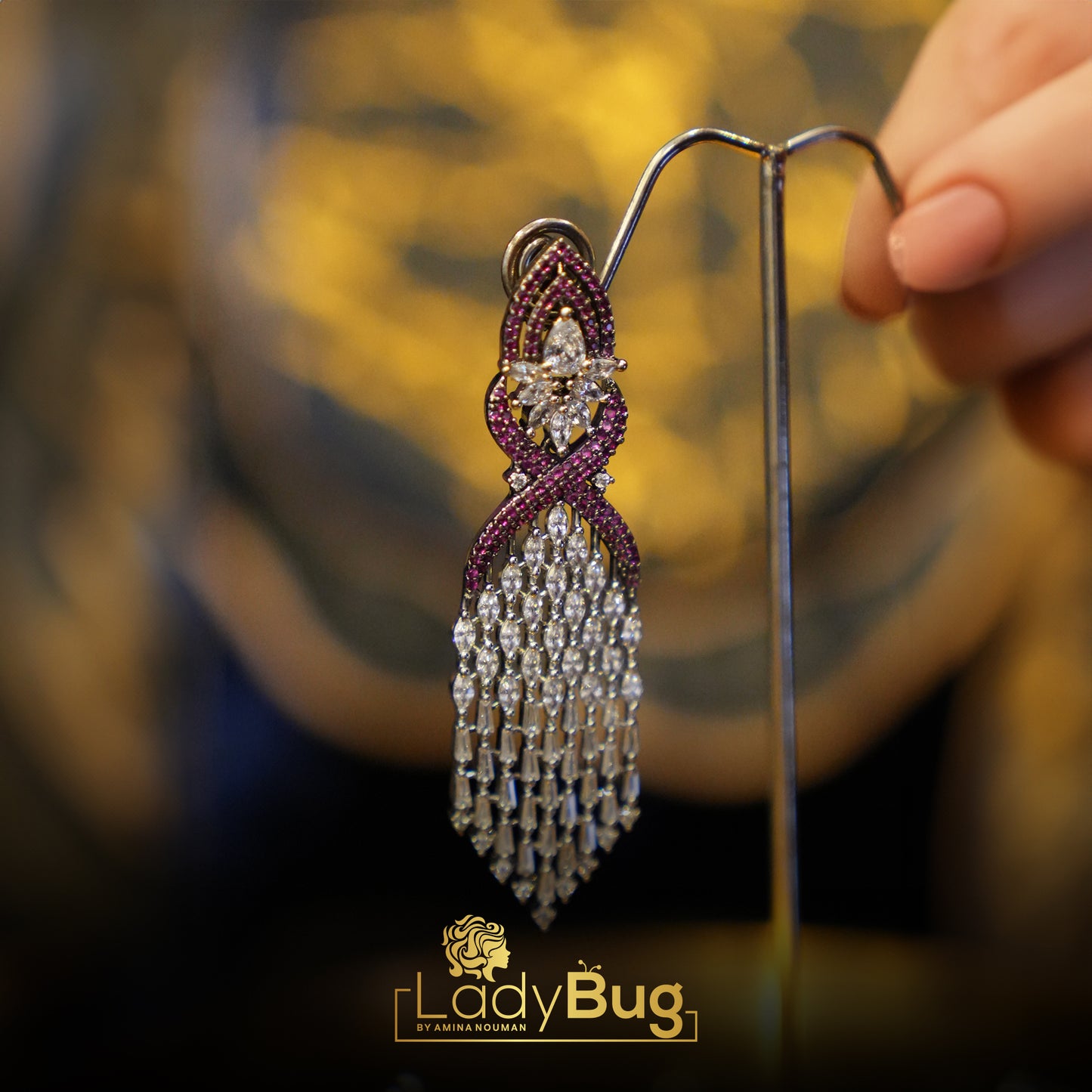 Zircon long earrings in Ruby color (LB-405)