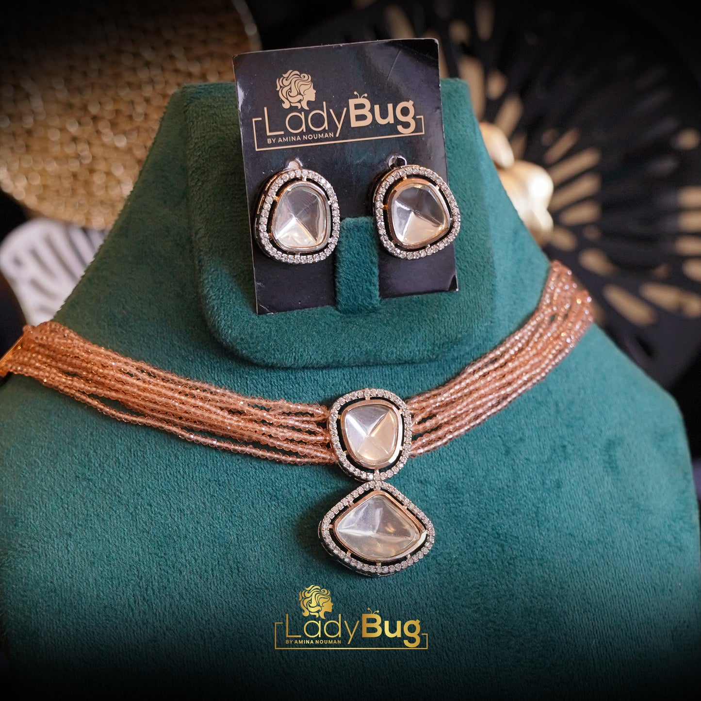 Uncut Kundan Set with Grey Beads