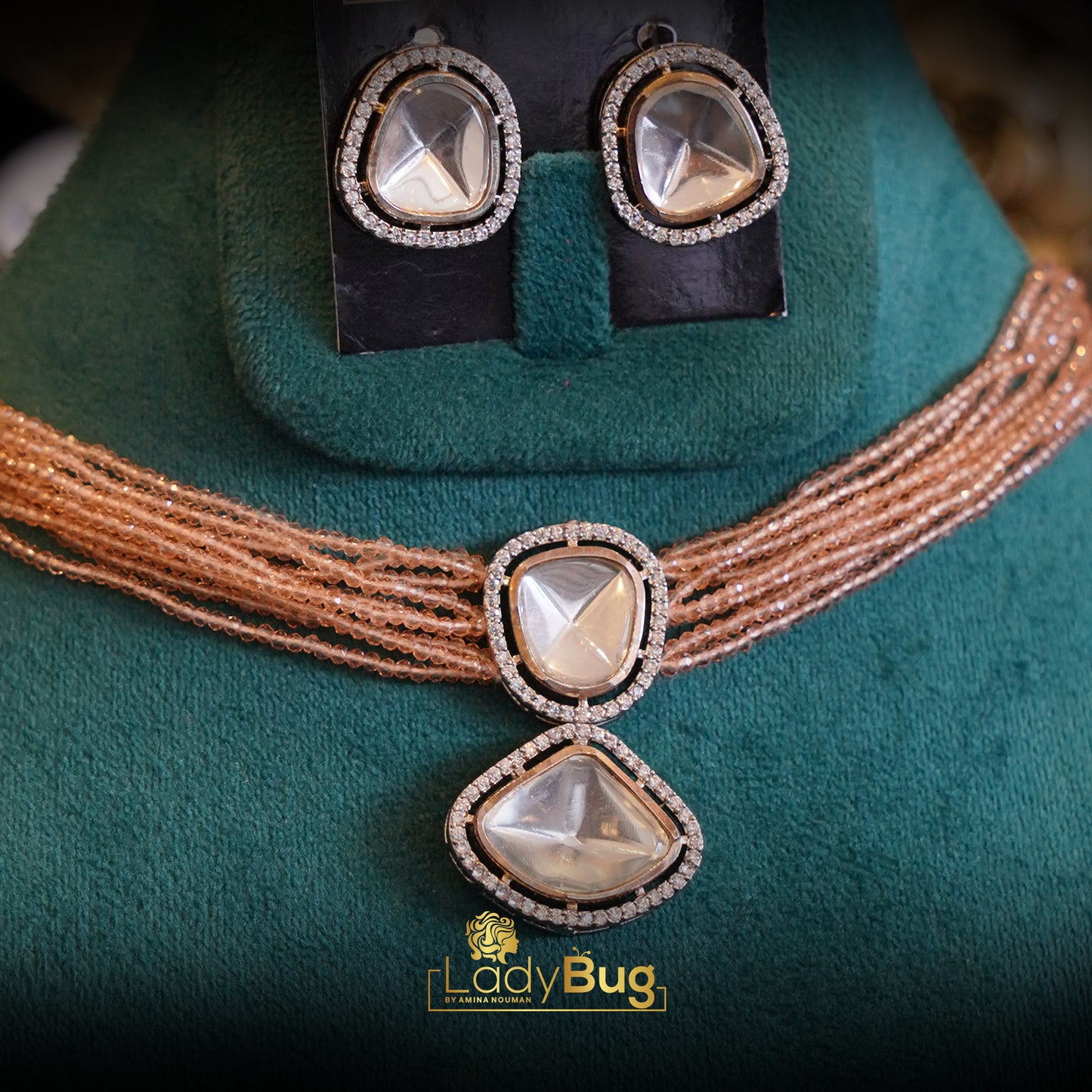 Uncut Kundan Set with Grey Beads