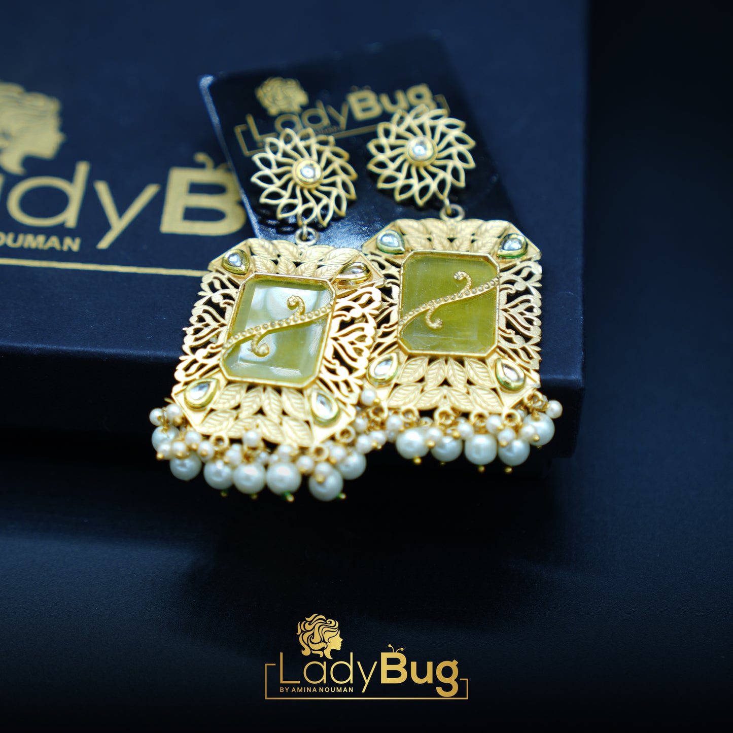 White and lemon yellow Stone Gujra Earrings with Matte polish