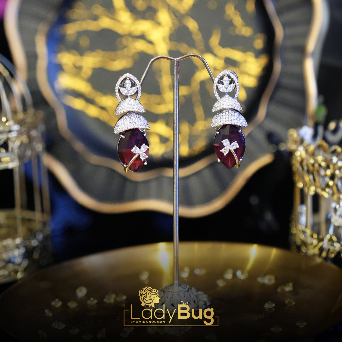 Rhodium-plated Zircon earrings with Sapphire Stone