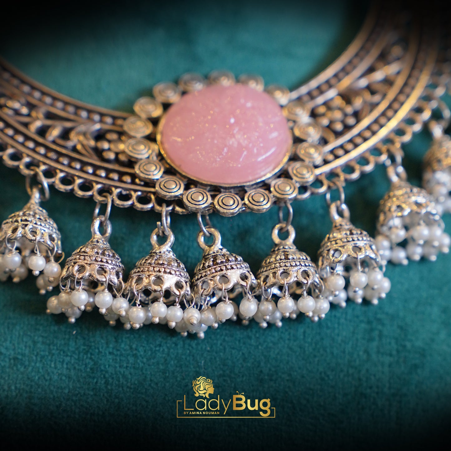 German Silver Necklace Set with Carved Stone Powder Pink Color