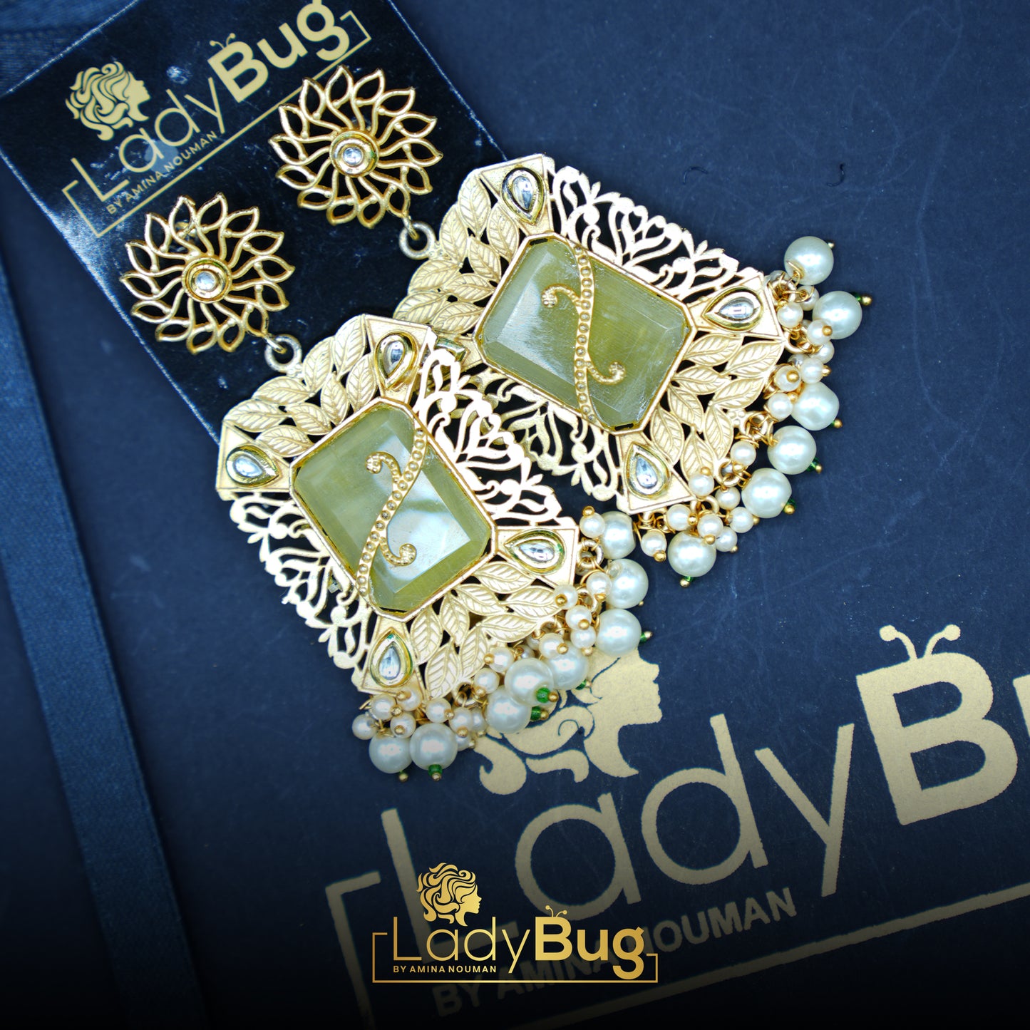 White and lemon yellow Stone Gujra Earrings with Matte polish