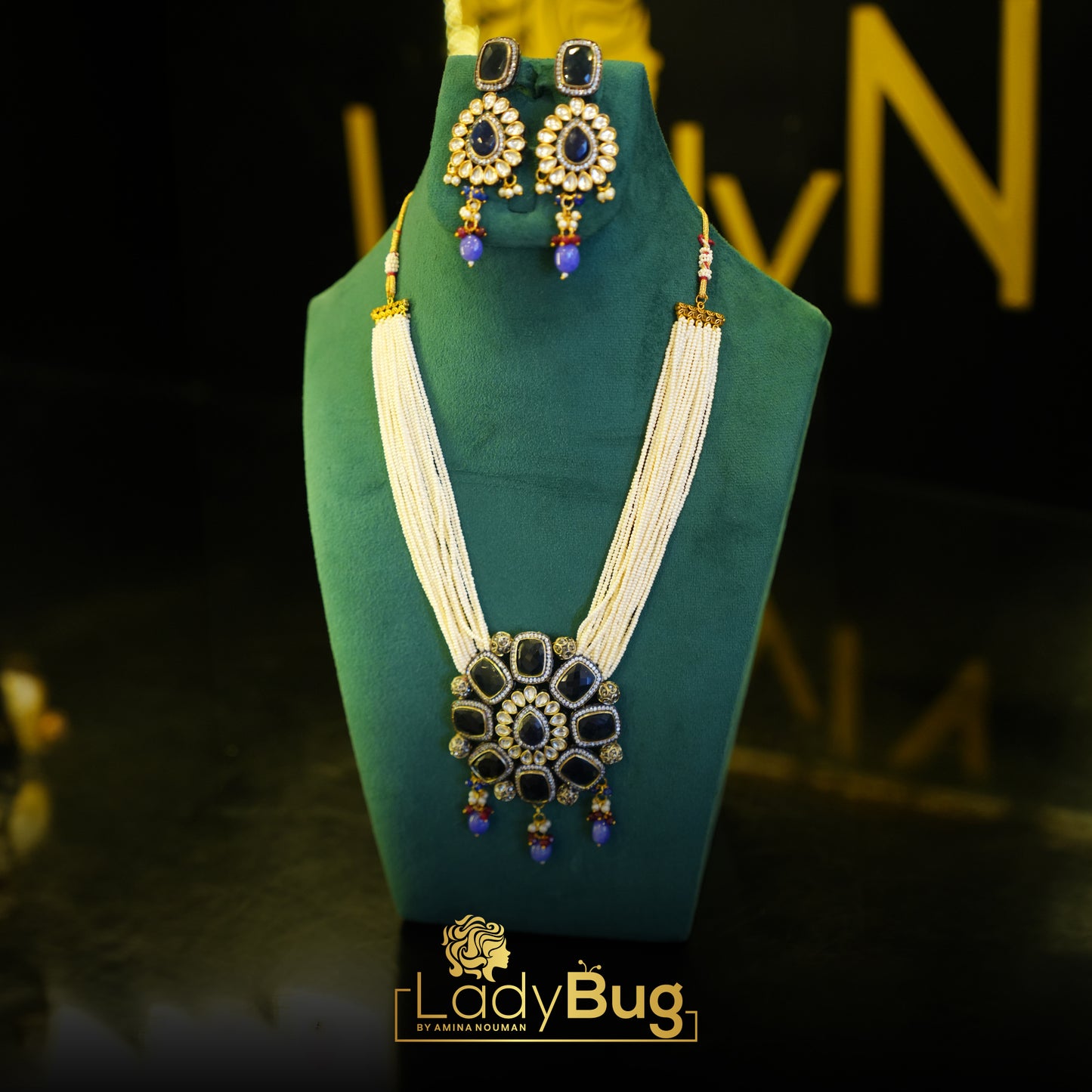 Kundan Mala Set with Sapphite stones & pearls