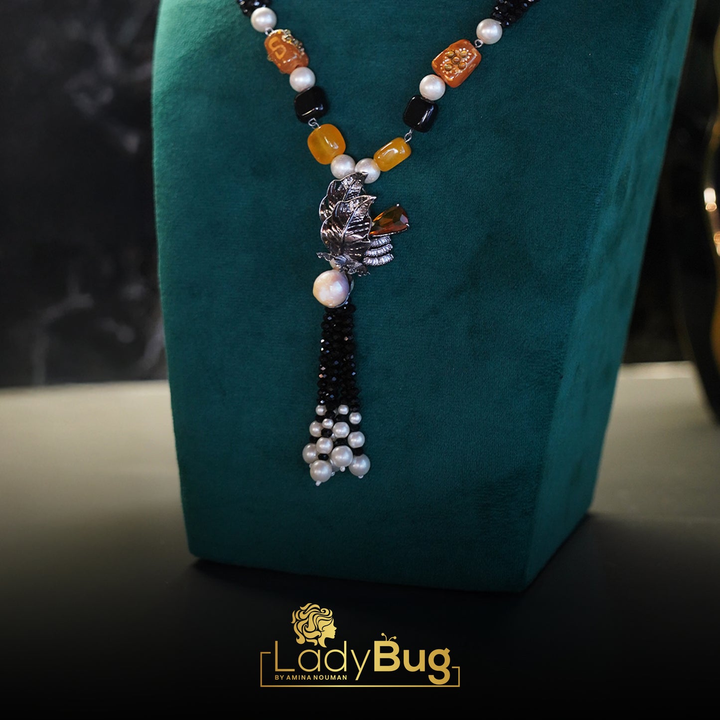 Black Stone Long Mala with Lemon Yellow Colour