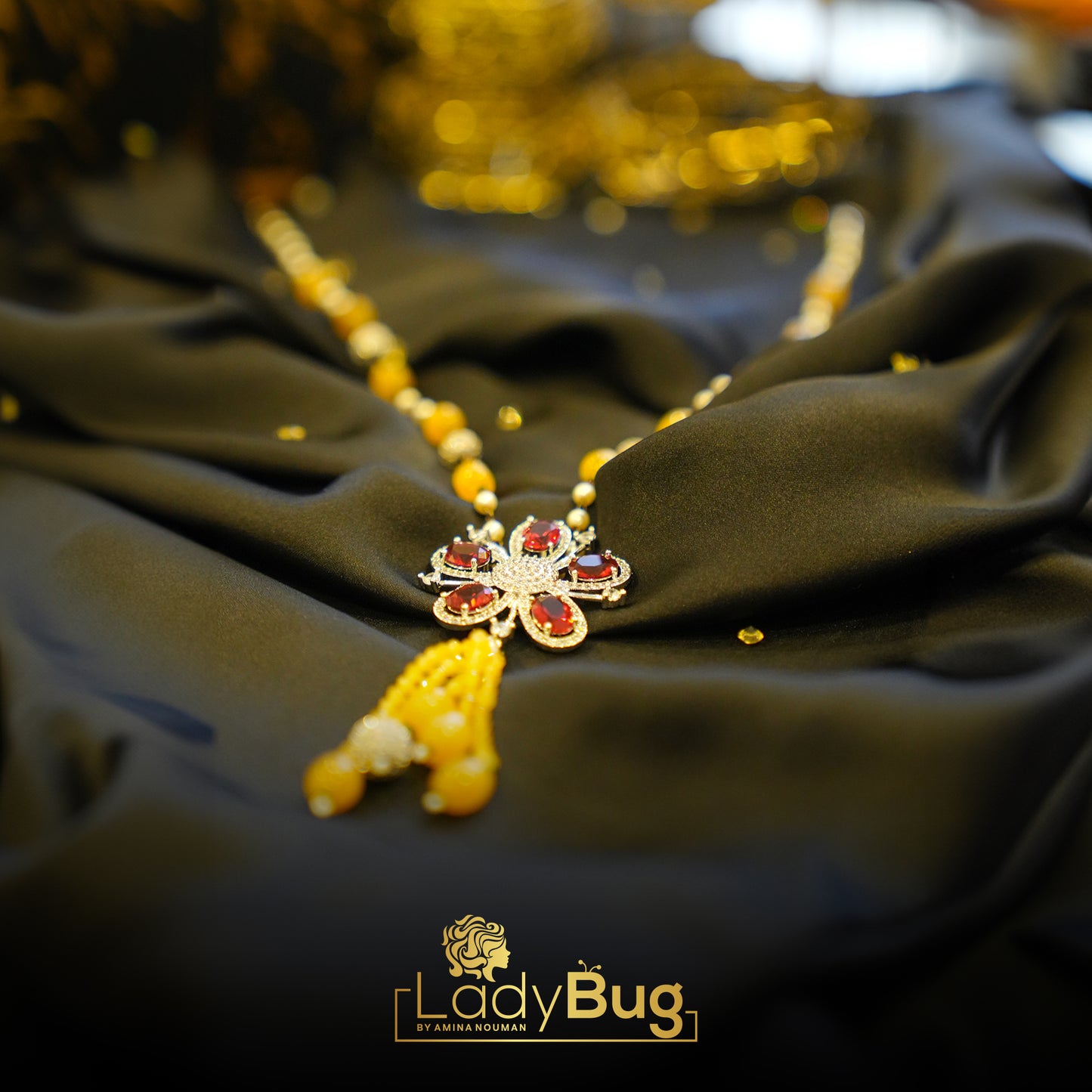 Lemon Yellow stone Mala with Red Broach