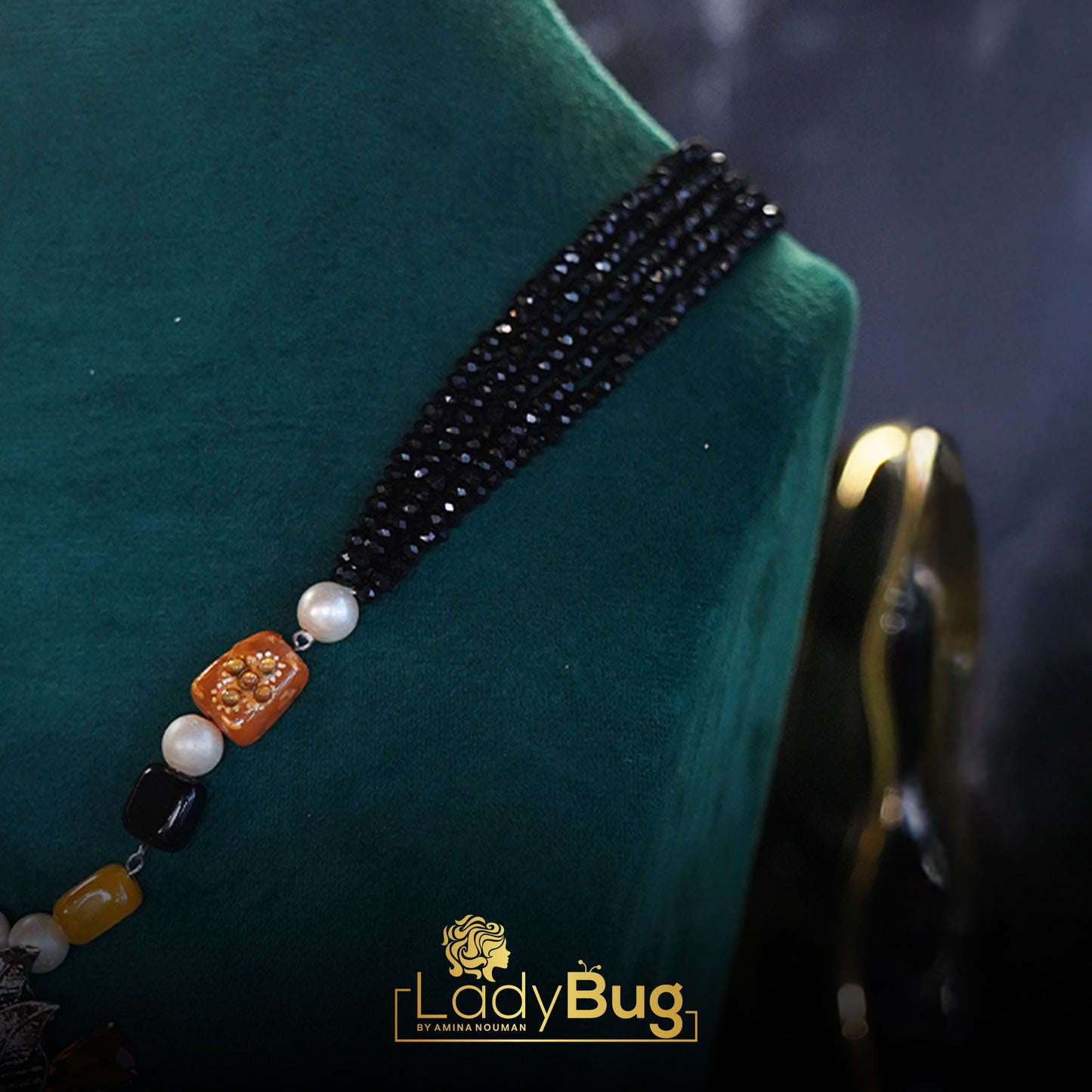 Black Stone Long Mala with Lemon Yellow Colour