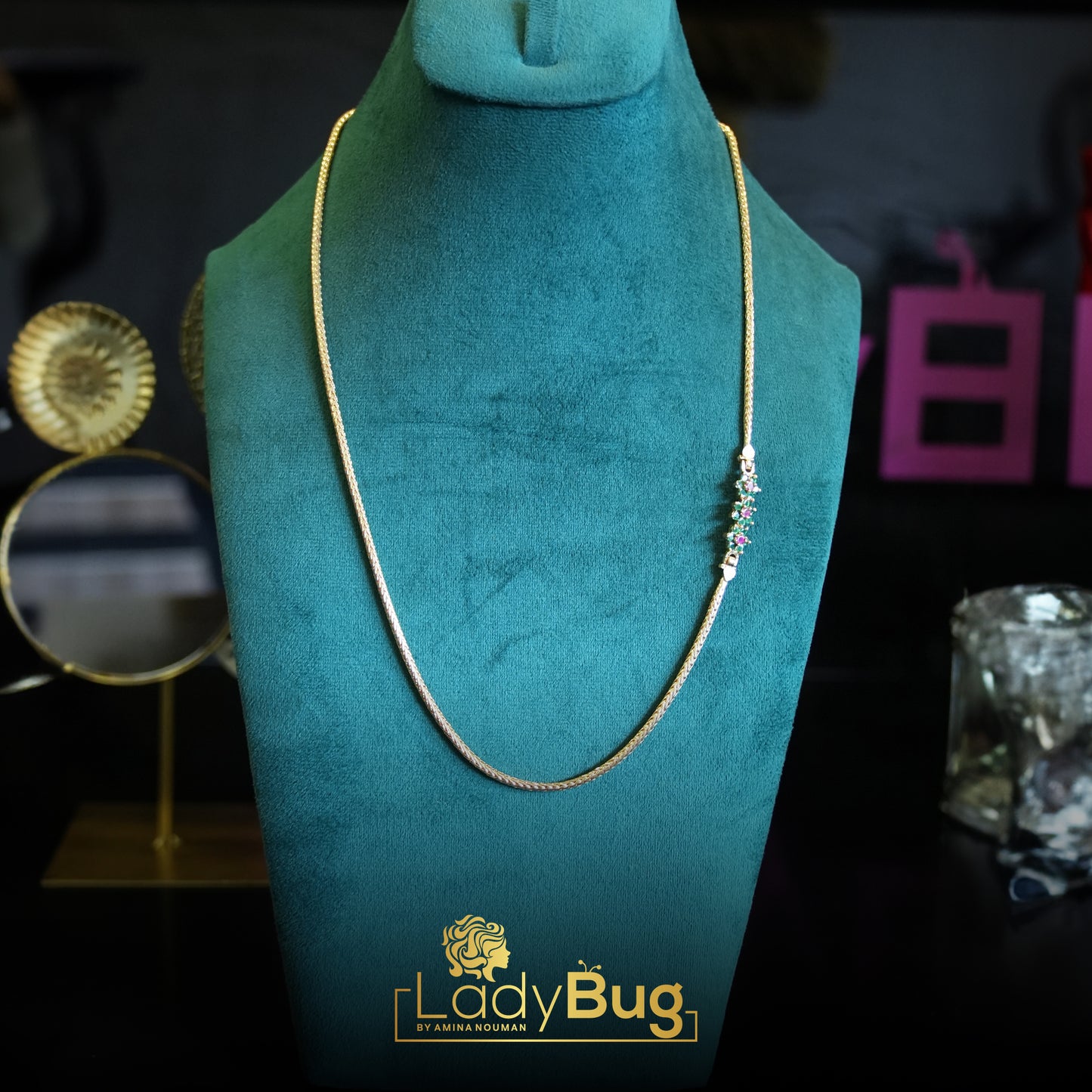 Gold-plated Chains with Emerald & Ruby stones