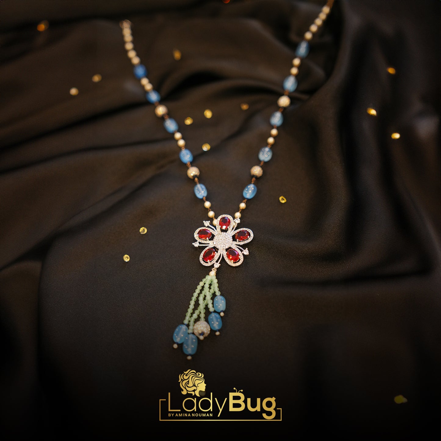 Ice Blue stone Mala with Red Broach