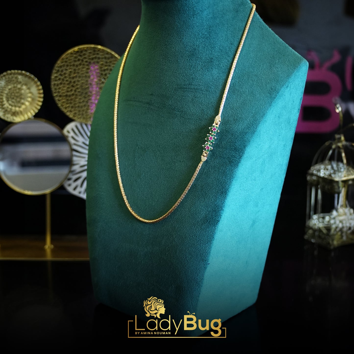 Gold-plated Chains with Emerald & Ruby stones