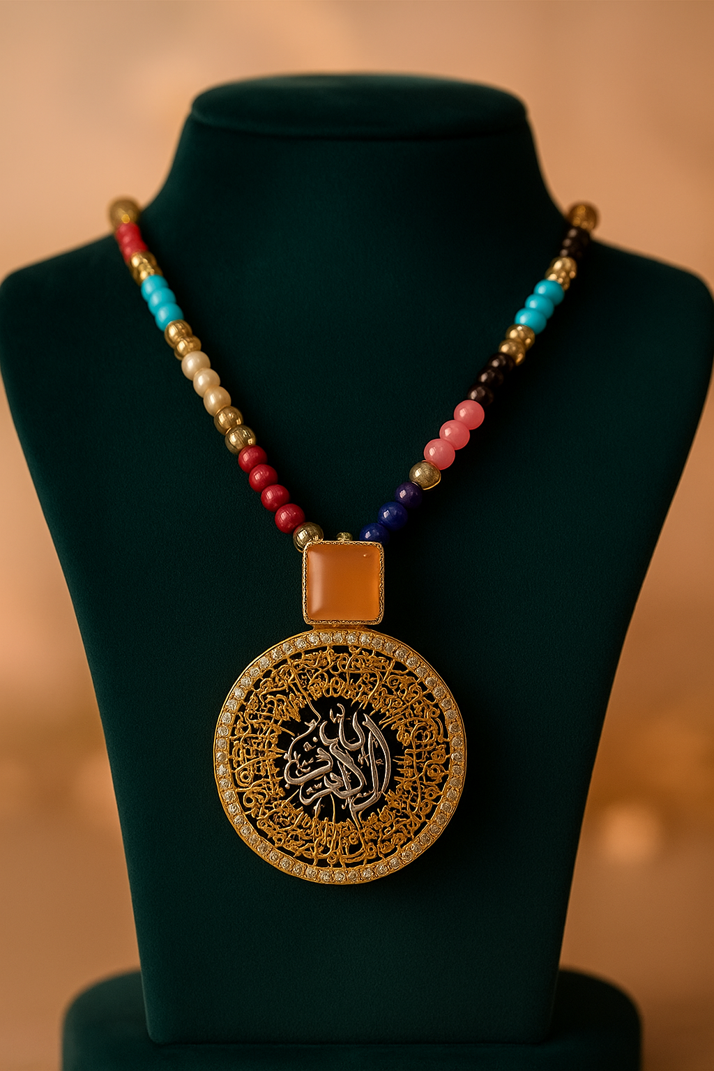 Premium Calligraphy Pendant with Multi-Colour Beaded Mala | Artistic Islamic Jewelry