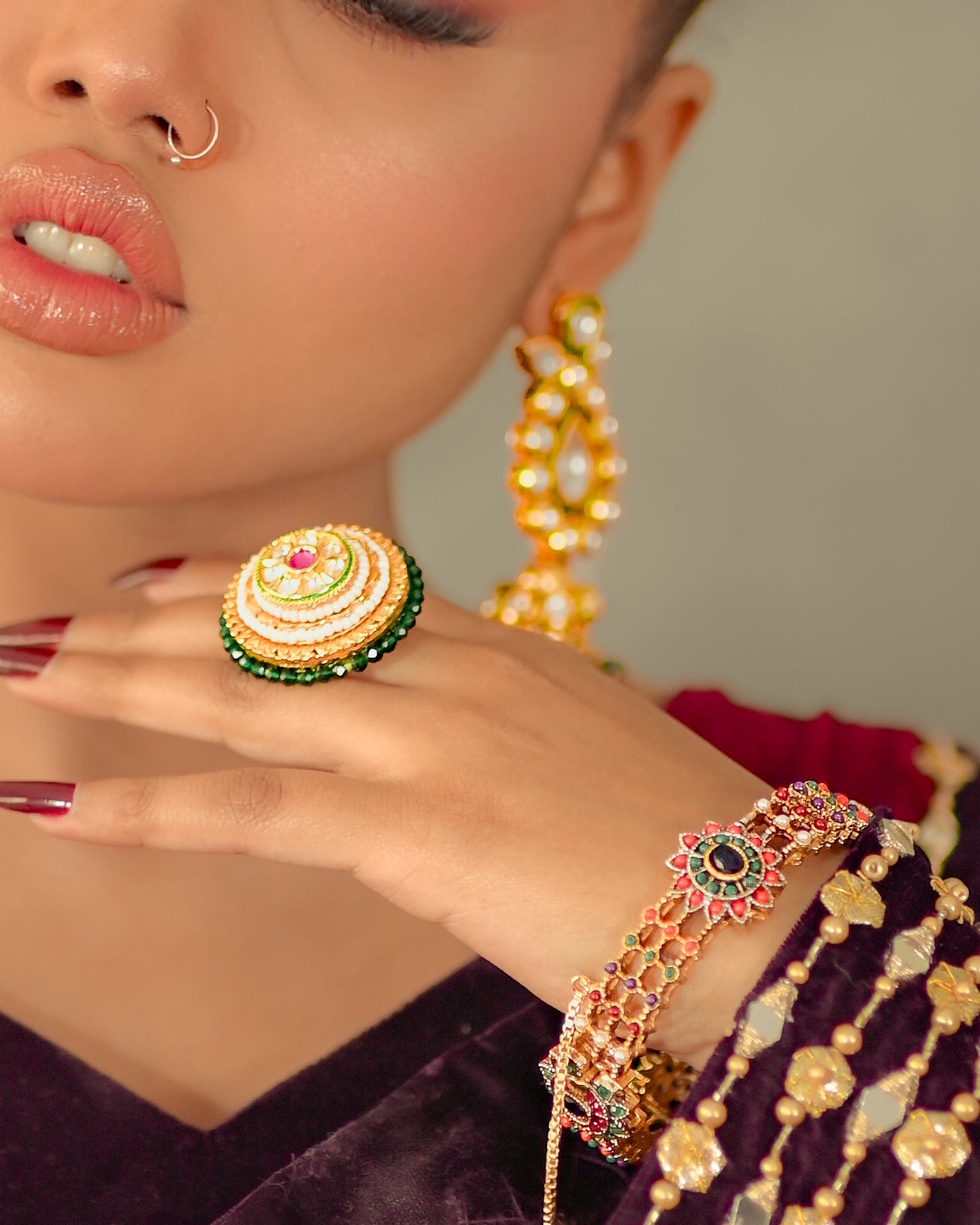 Gold Plated Ring with Emerald and Ruby Stone