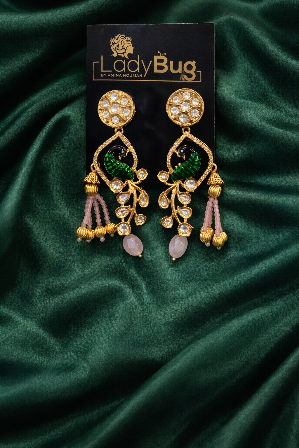 Luxury Peacock Kundan Earrings | Green & Gold Statement Ethnic Jewelry LB-425