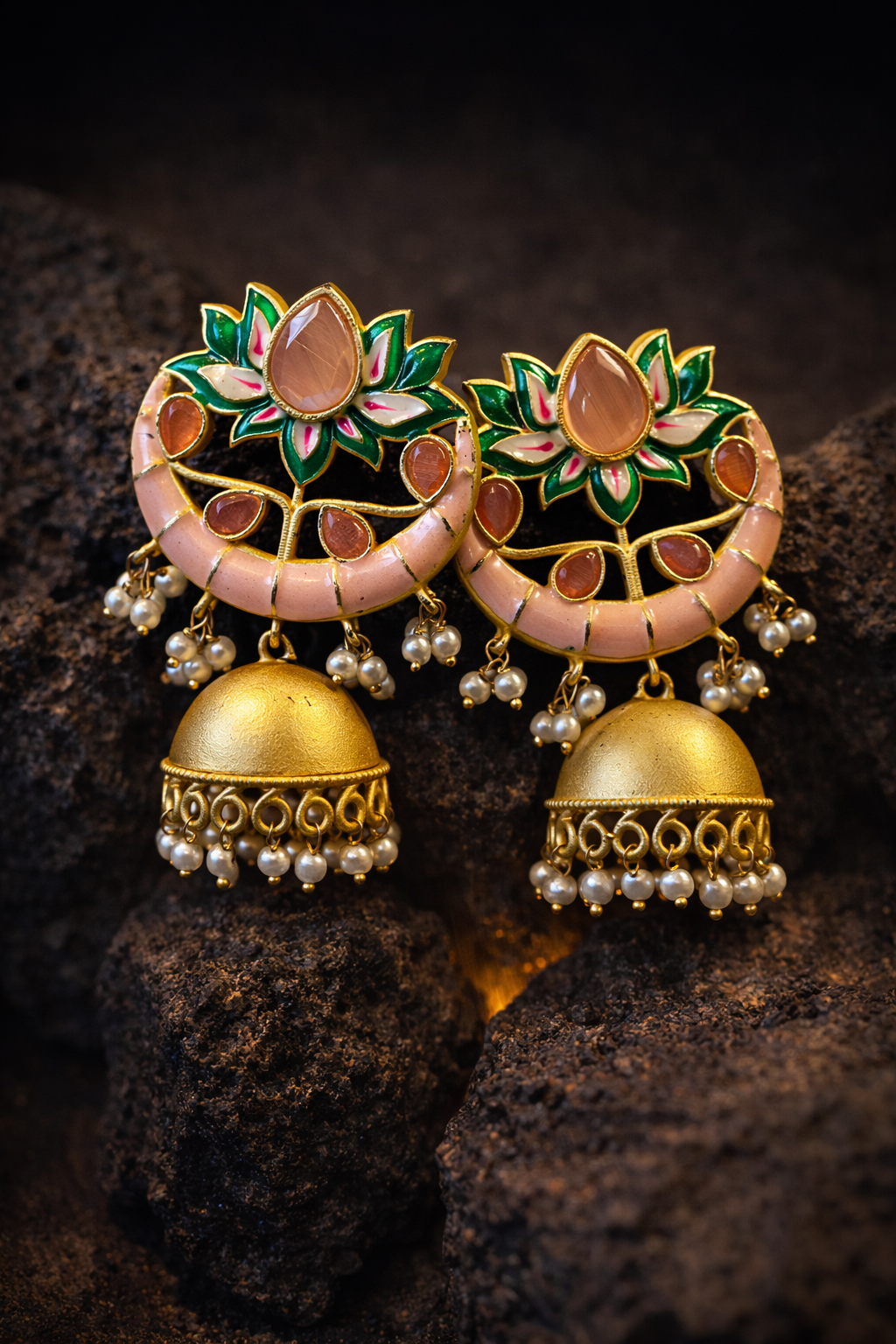 Traditional Enamel Jhumka Earrings with Pearls – Handcrafted Indian Bridal Jewelry LB 330