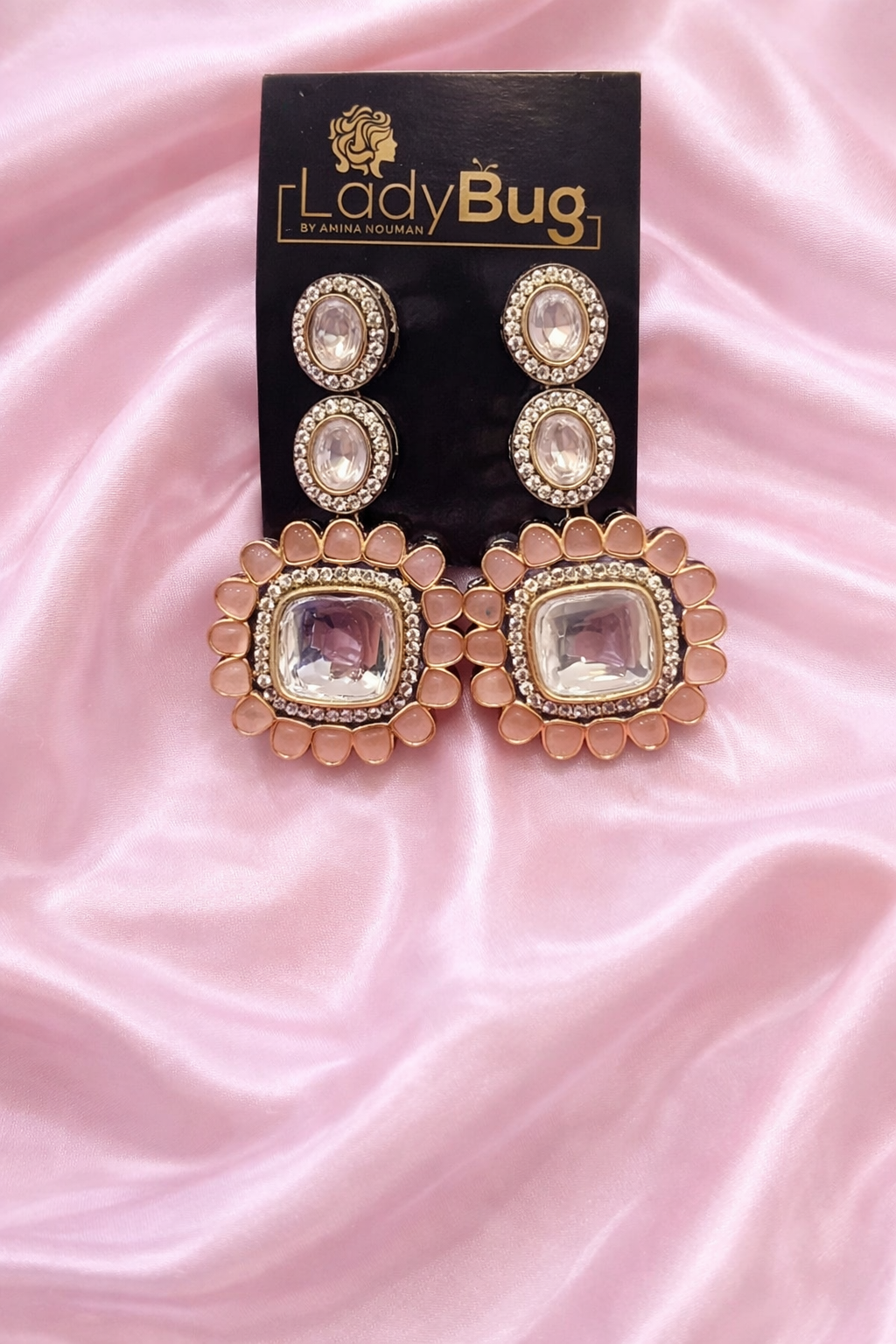 Pastel Pink Kundan Earrings | Floral Statement Wedding Jewelry LB-410