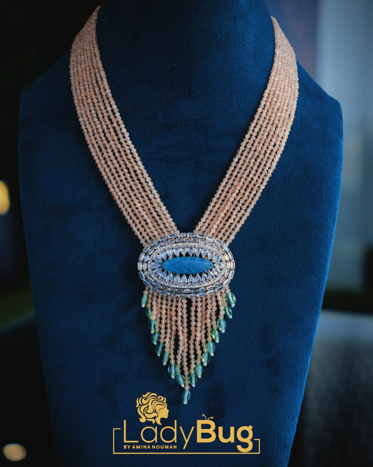 Rhodium Plated Mala Set with Peach and Mint Stones | Elegant Designer Jewelry by LadyBug