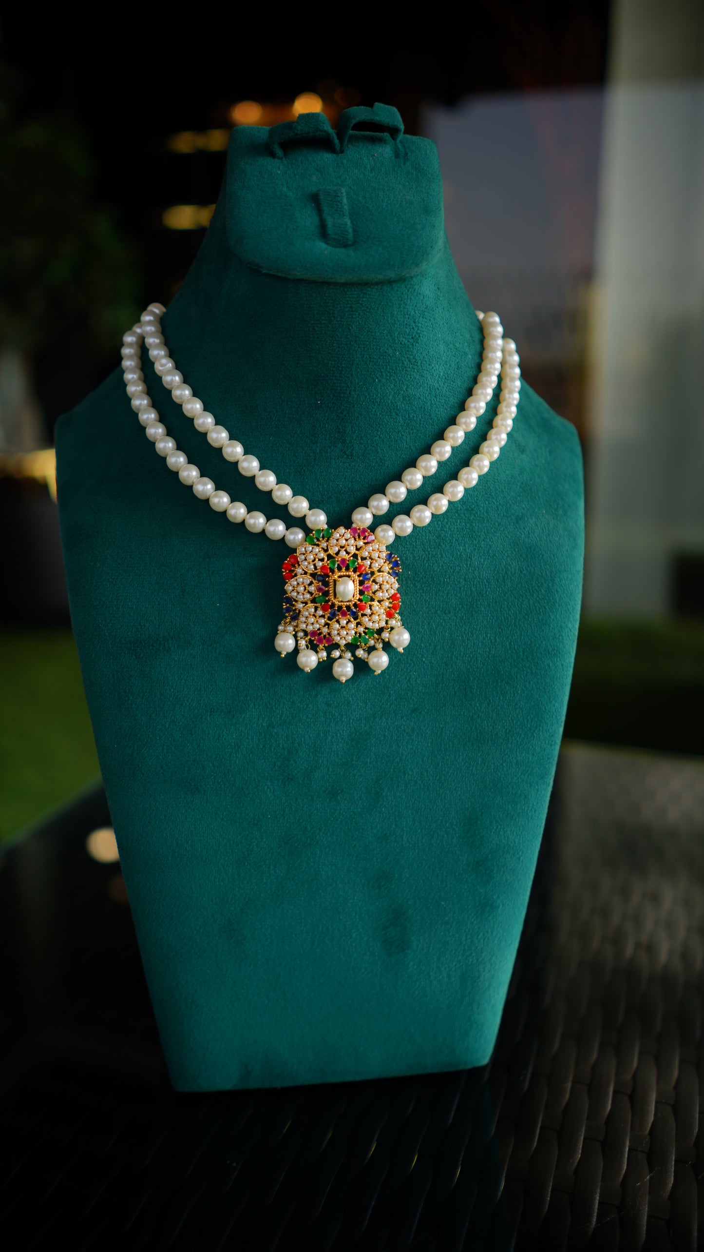 Double Layer Pearl Necklace with Multicolor Kundan Pendant | Indian Jewelry (LB-222)