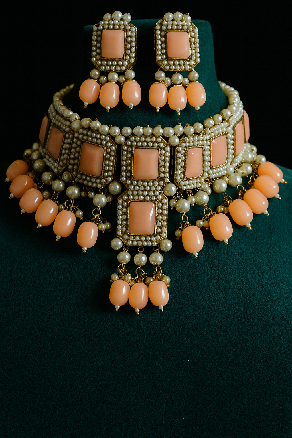 Peach Kundan Choker Set with Pearls – Bridal Statement Jewelry with Matching Earrings | Wedding & Party Wear