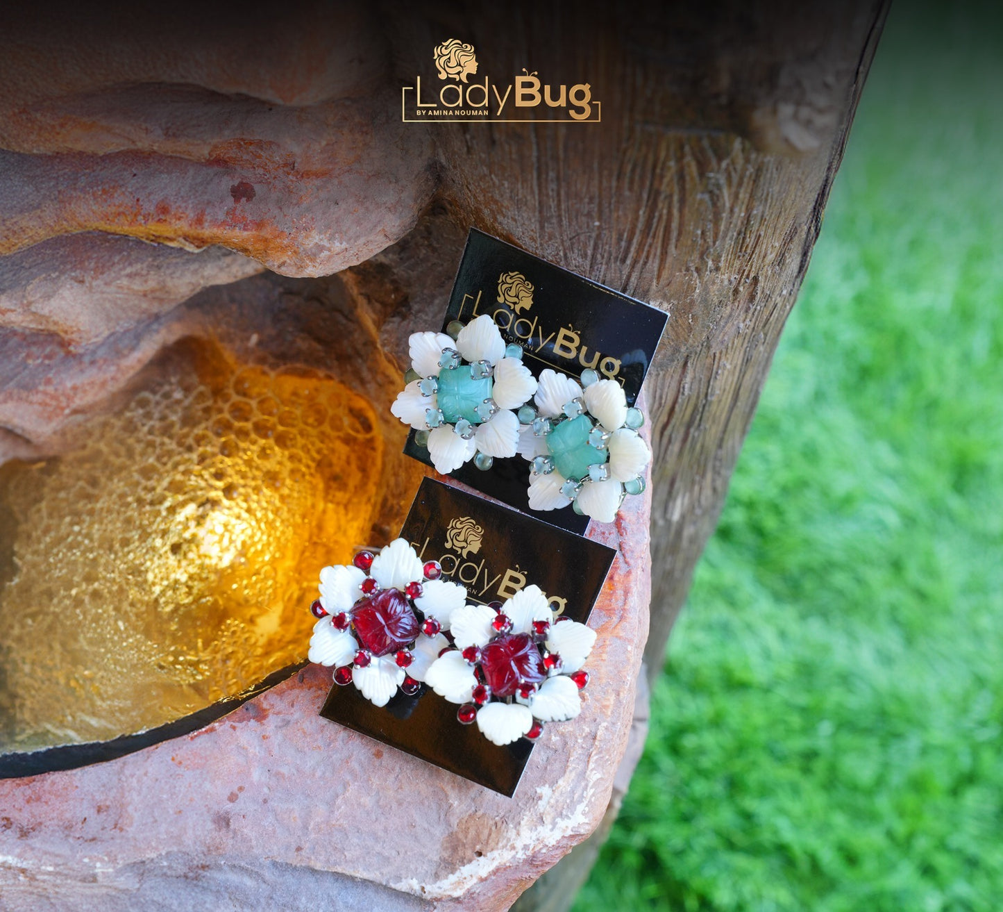 Carved Mother Pearl Big Studs with Semi-precious Stones