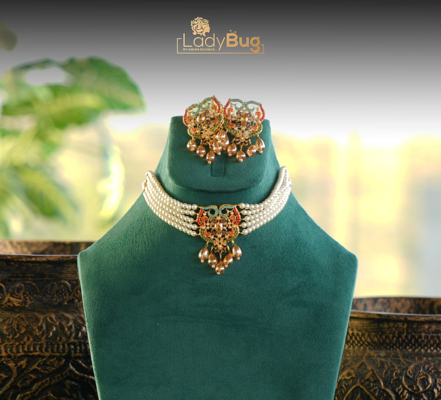 Nauratan Choker Set with white pearls and beads