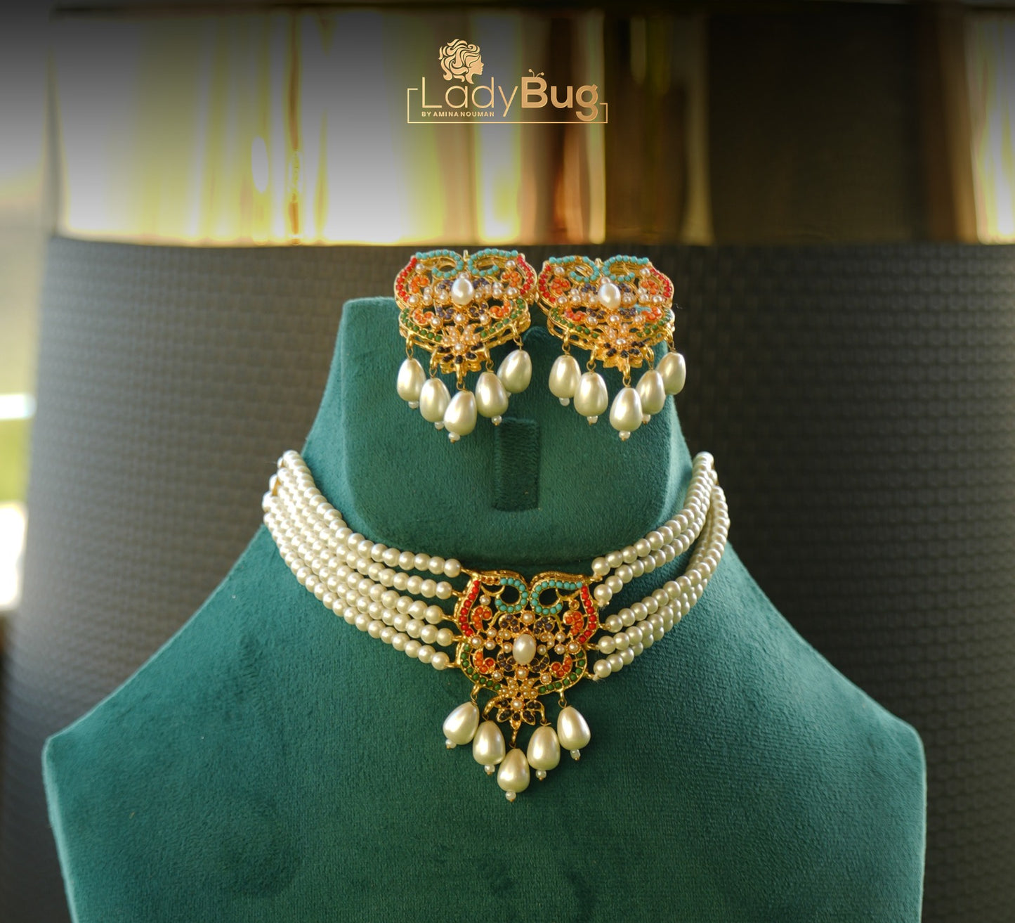 Nauratan Choker Set with white pearls and beads