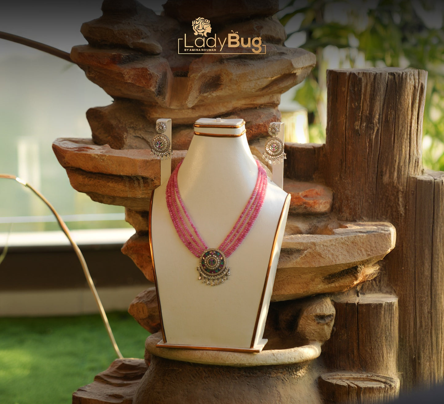 Pink Marble Stones Mala Set with Ad Zircons