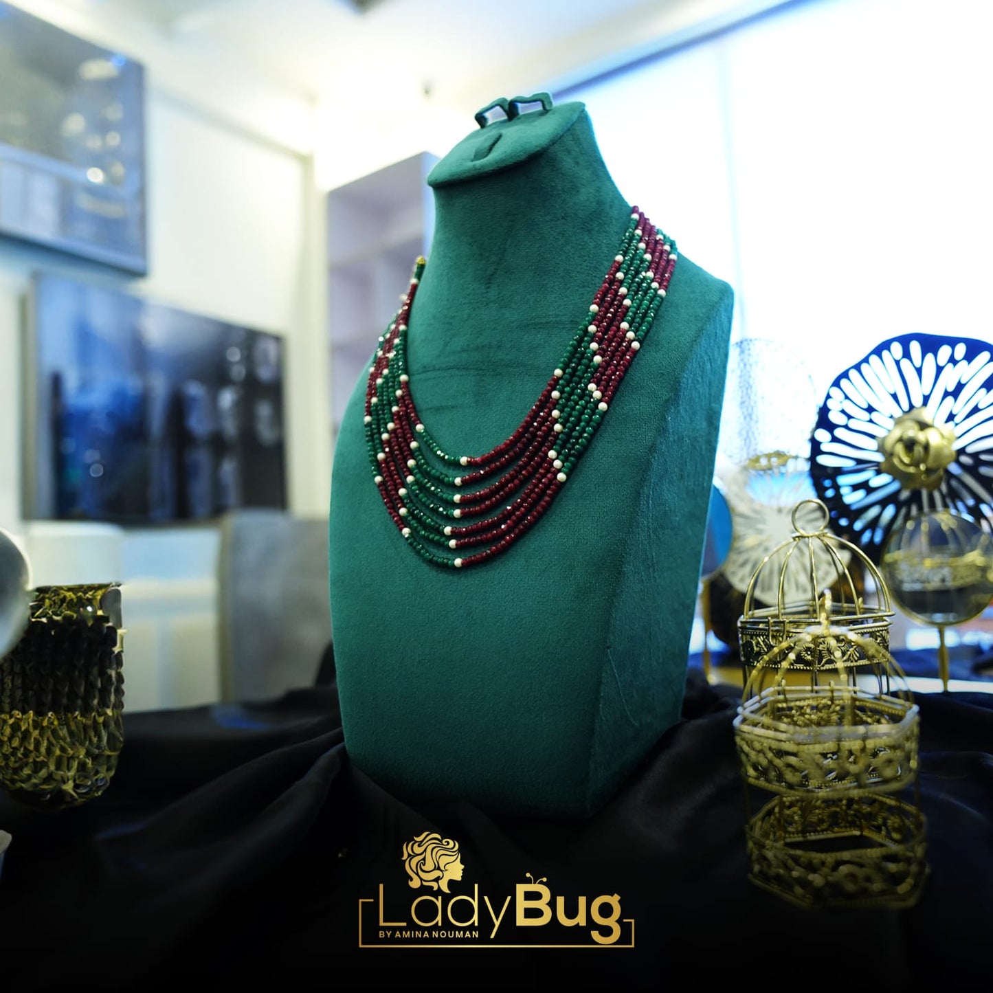 Rubi and Emerald Stones Mala with White Pearls