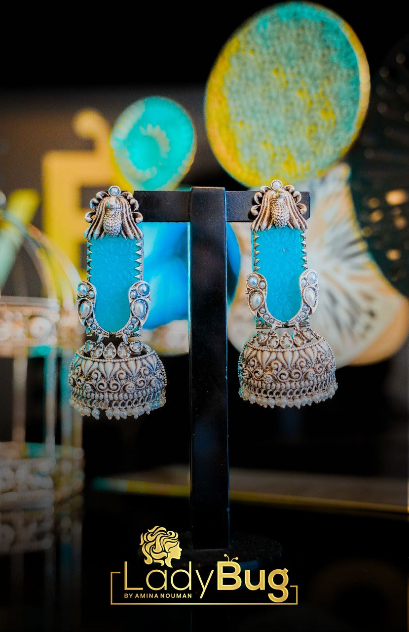 German Silver Carved Stone Jhumkas