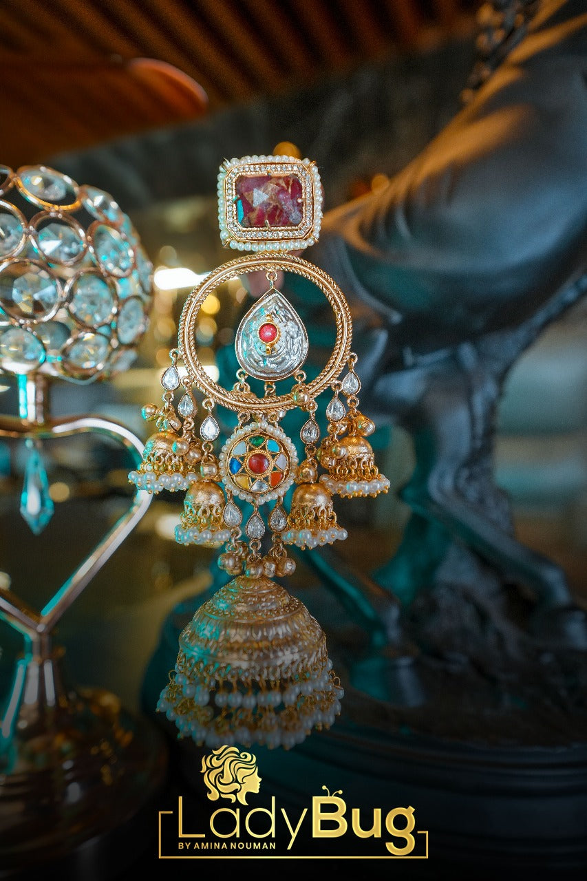 Puta Duplet Stone long Earrings with Paachi Kundan Work