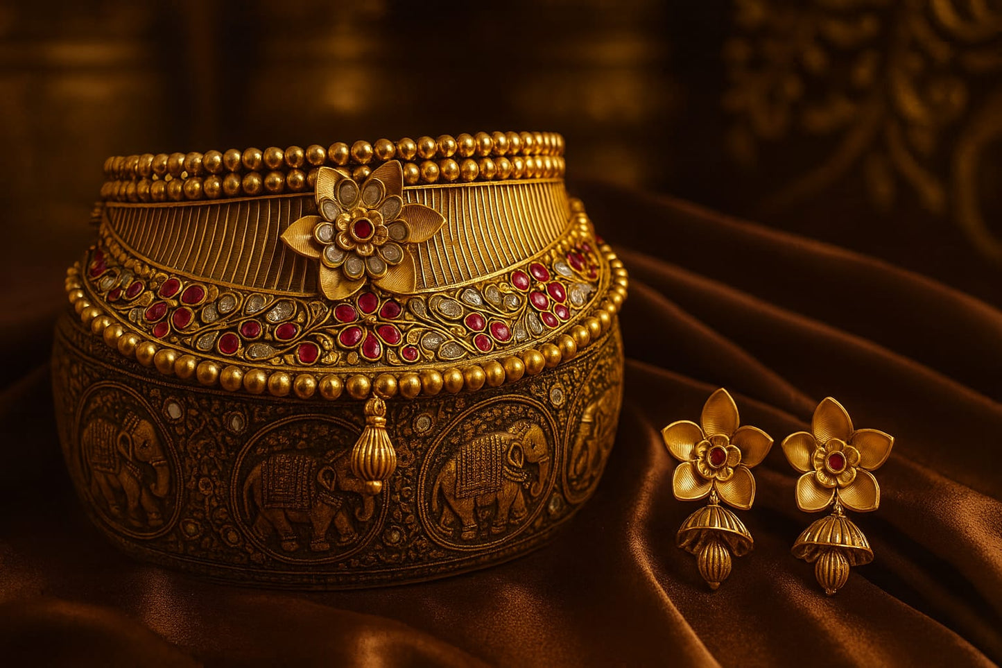 Tiyani Kundan Indian Rajhwari Set – Antique Gold Choker with Ruby Stones & Floral Earrings