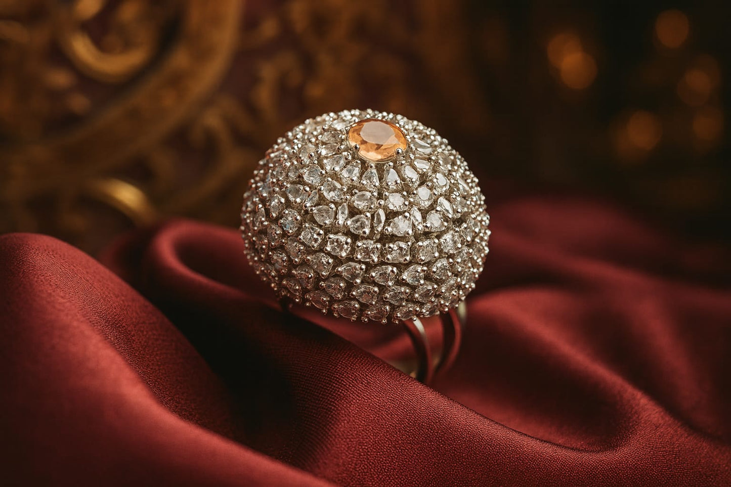 Luxury Duplet Stone Ring in Rhodium Finish | Sparkling CZ Dome Design with Peach Center Gem