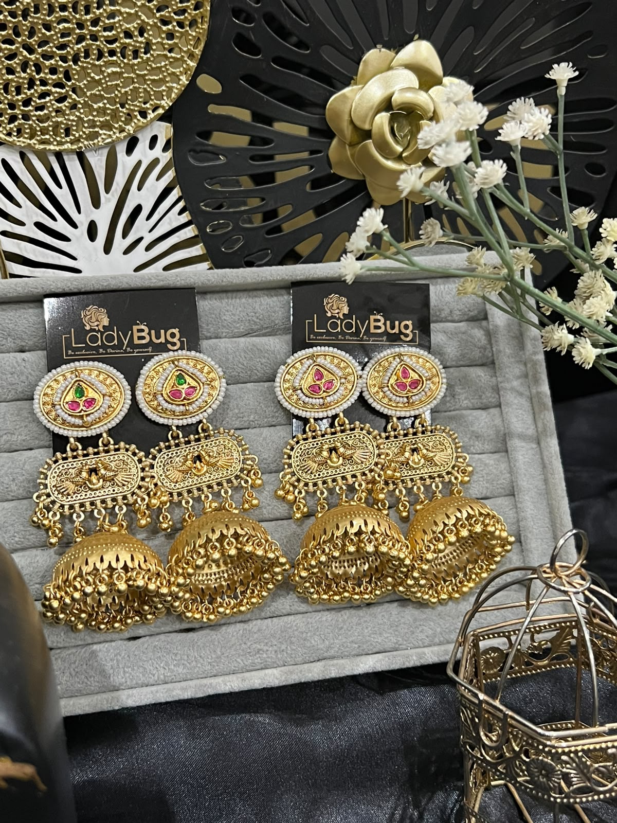 Traditional Gold-Tone Jhumka Earrings with Pearl Border & Pink-Green Stones